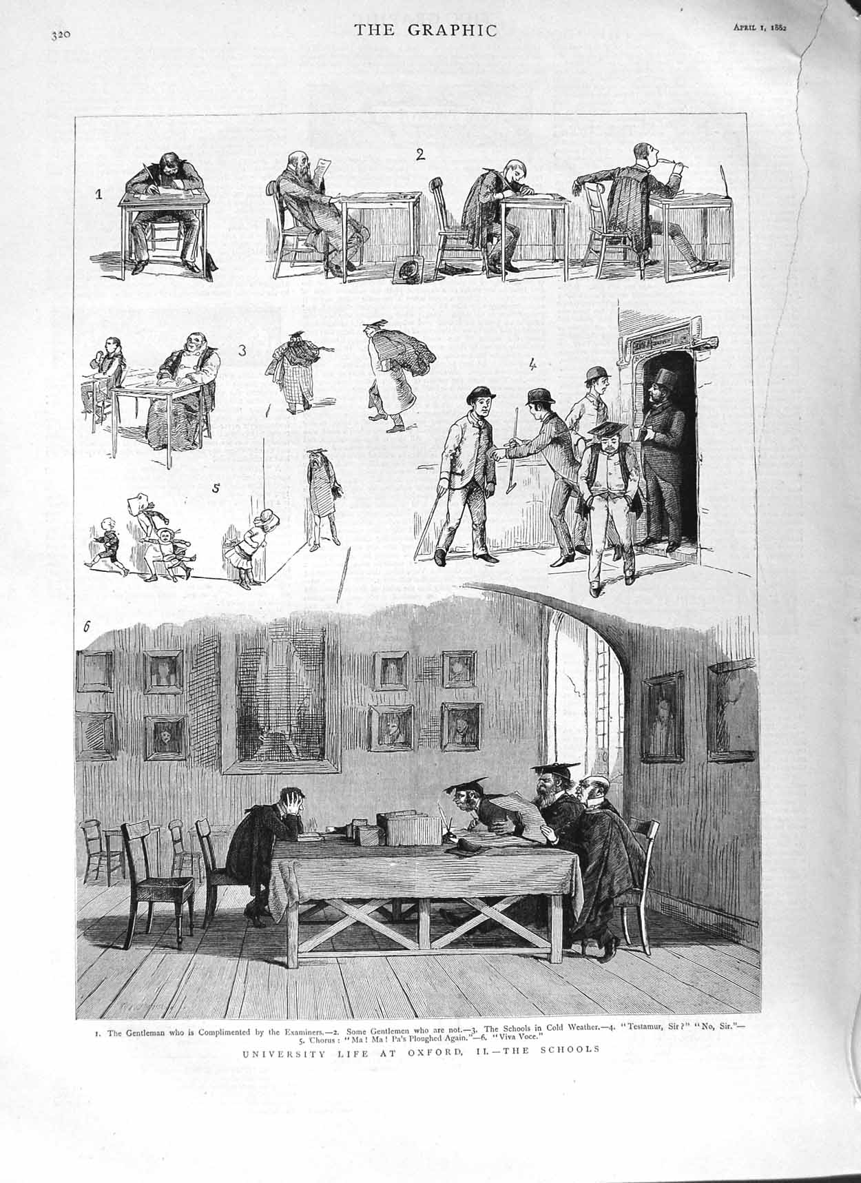 Original Old Antique Print 1882 University Life Oxford School Students 19th