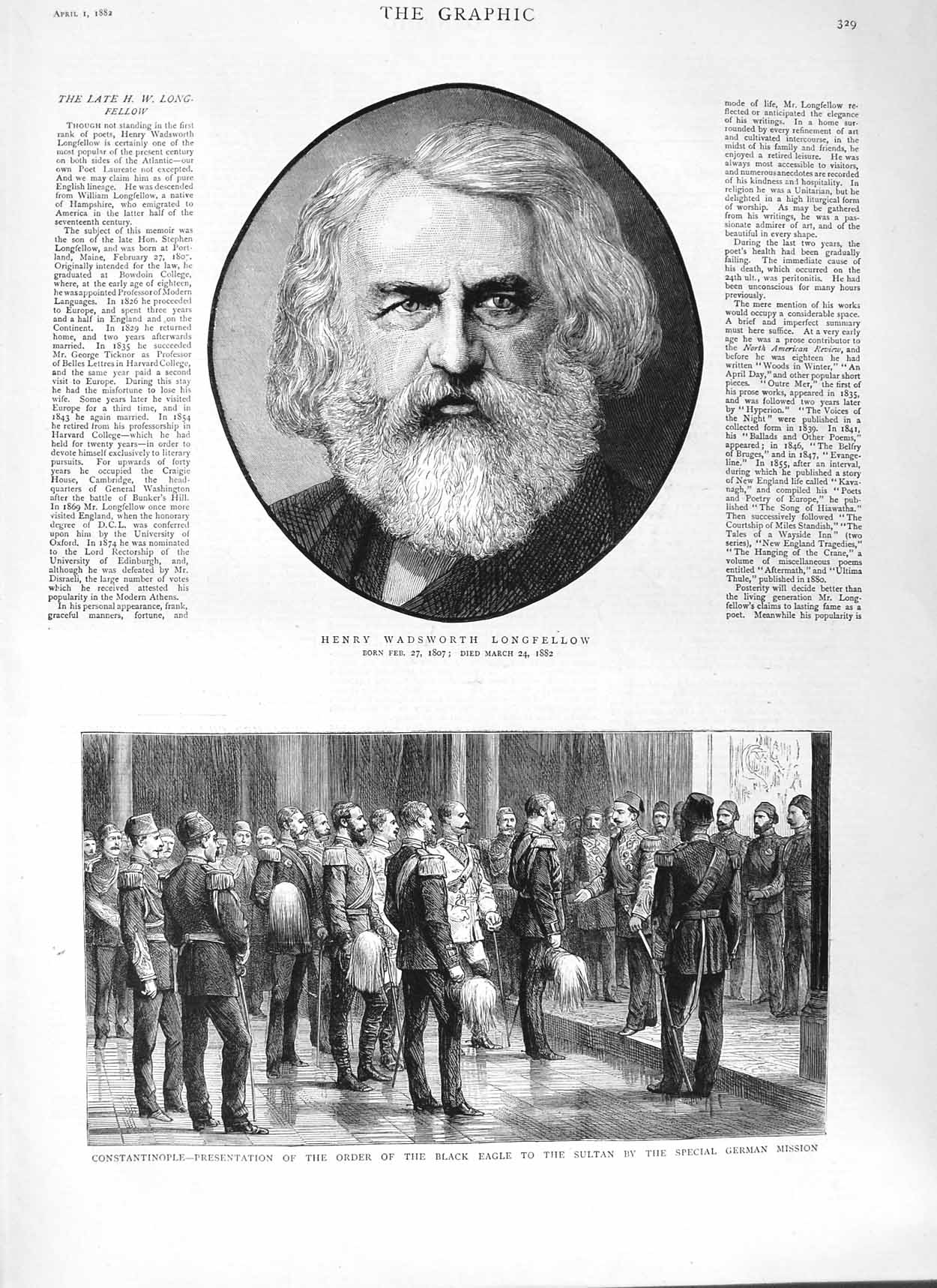 Antique Old Print *3086 1882 Henry Wadsworth Longfellow Constantinople Sultan