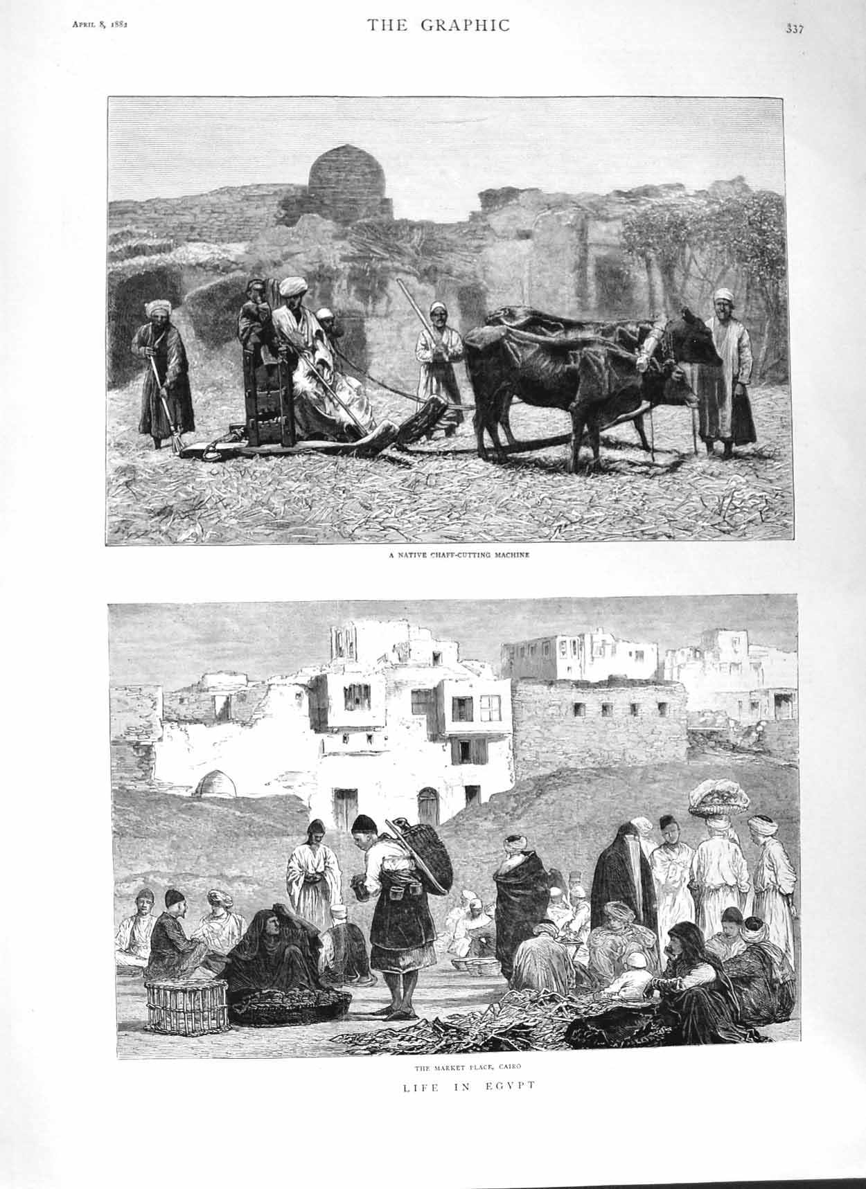 Original Old Antique Print 1882 Egypt Native Chaff-Cutting Machine Market Cairo
