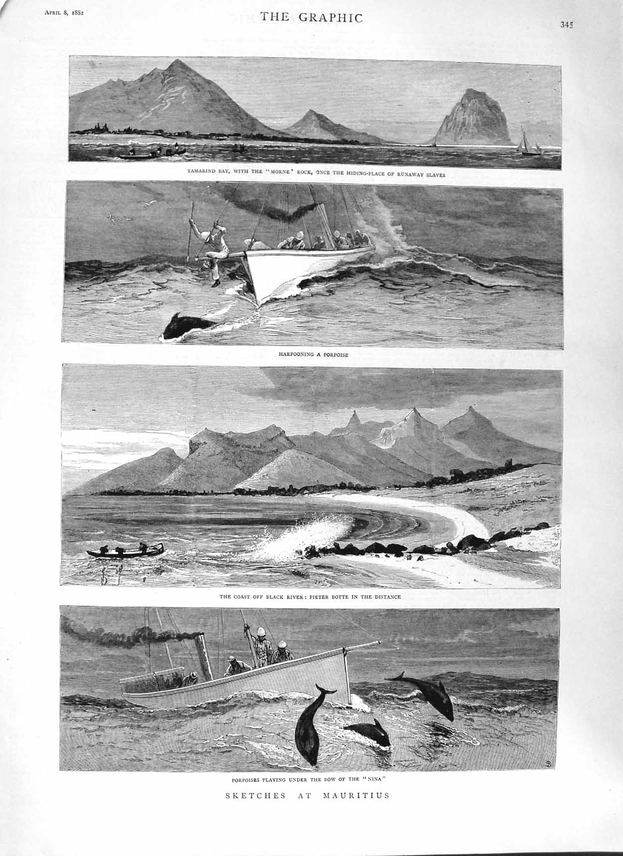 Original Old Antique Print 1882 Mauritius Porpoise Tamarind Morne Rock Slaves