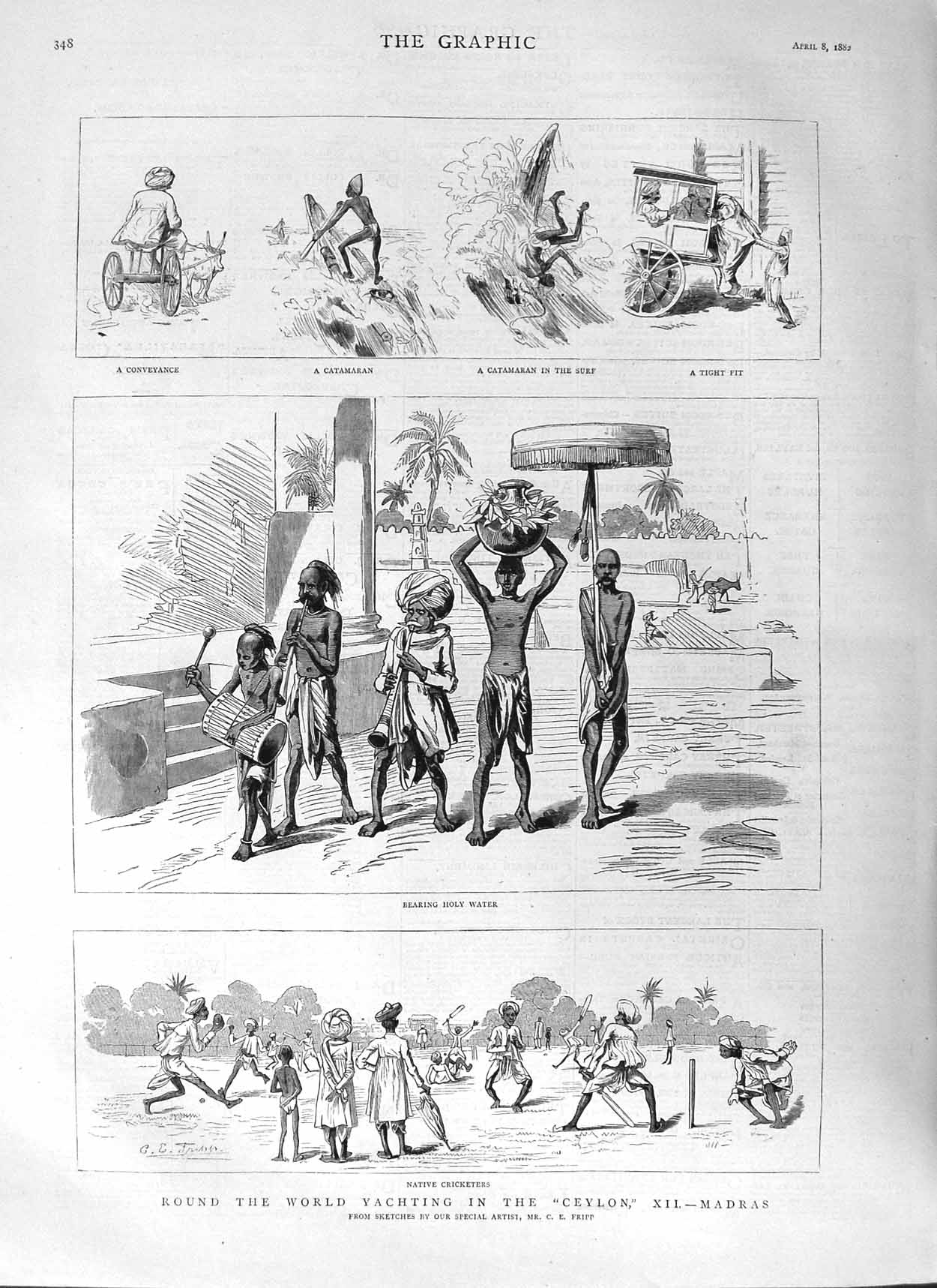 Old Antique Print 1882 Yacht Ceylon Madras India Native Cricketers Sport 19th