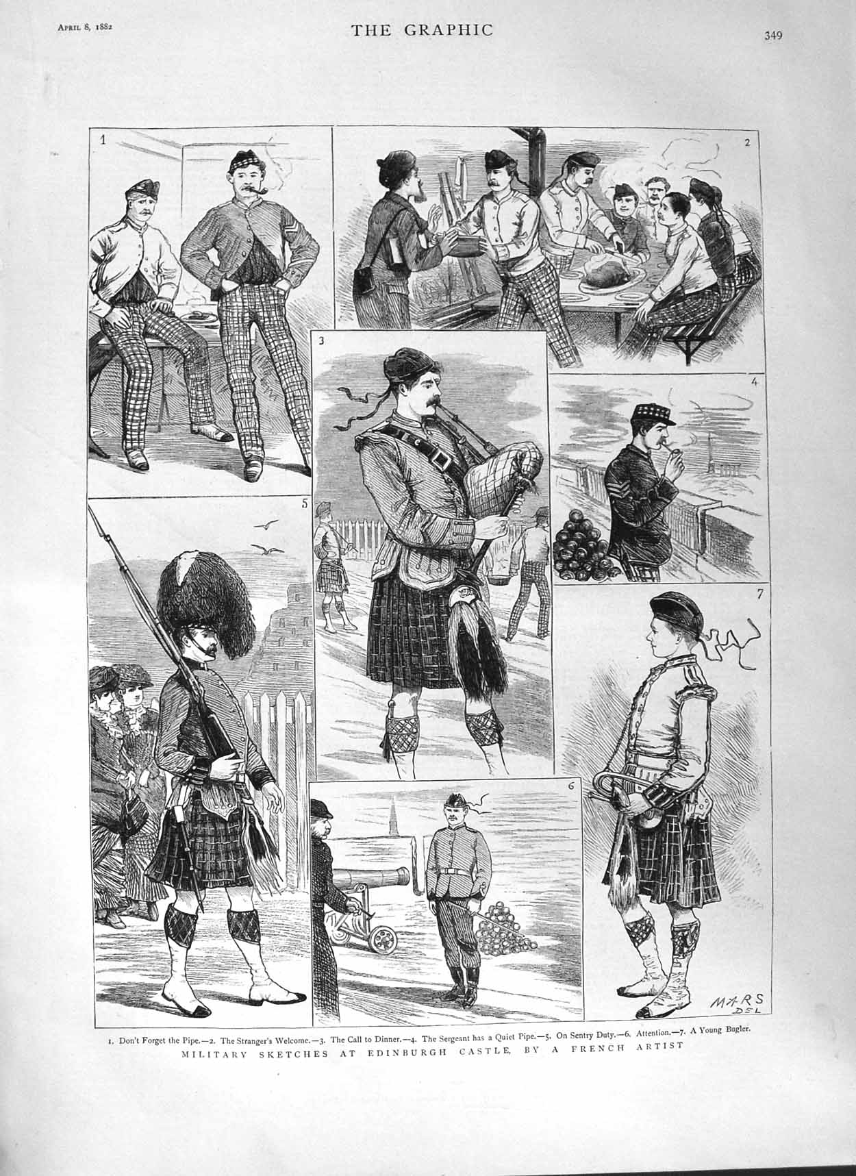 Original Old Antique Print 1882 Edinburgh Castle Bagpipes Sentry Young Victorian