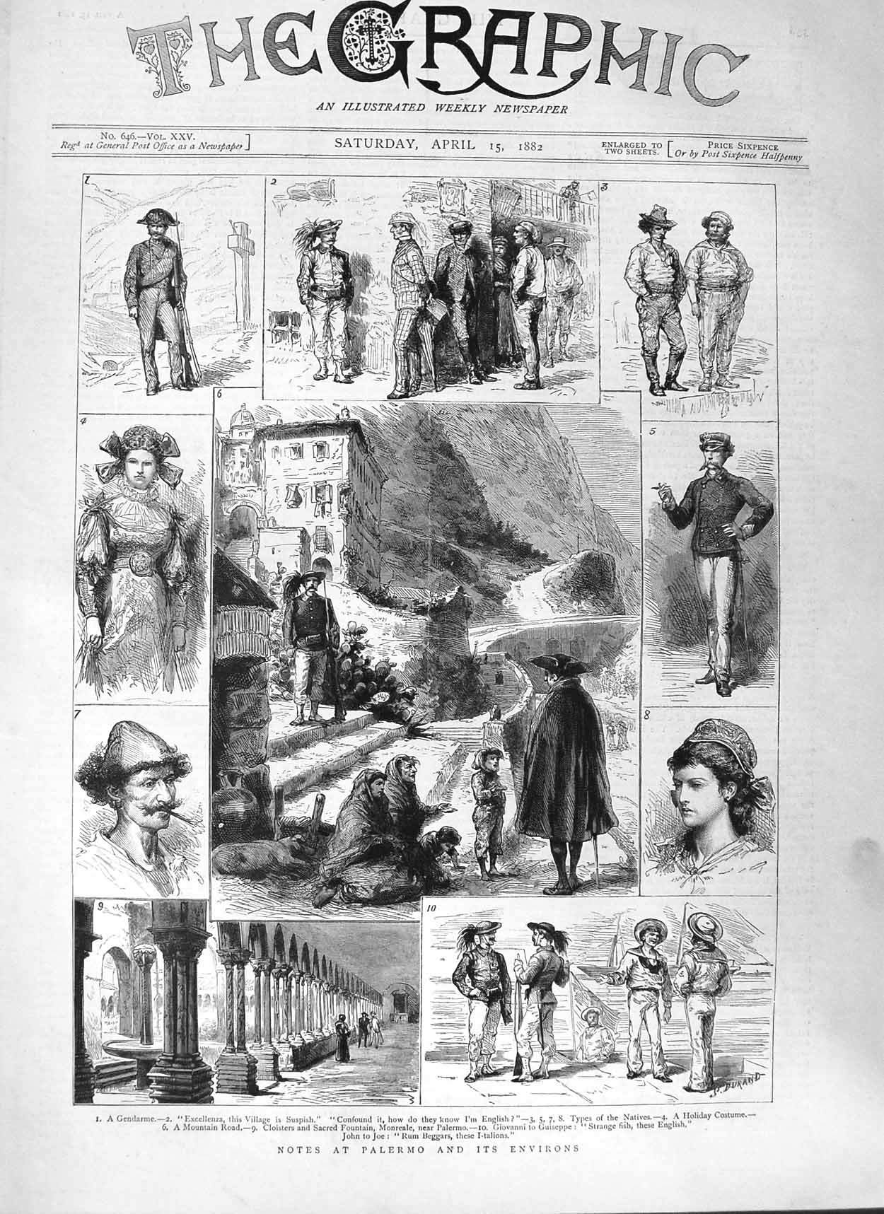 Old Antique Print 1882 Palermo Natives Sacred Fountain Monreale Gendarme 19th