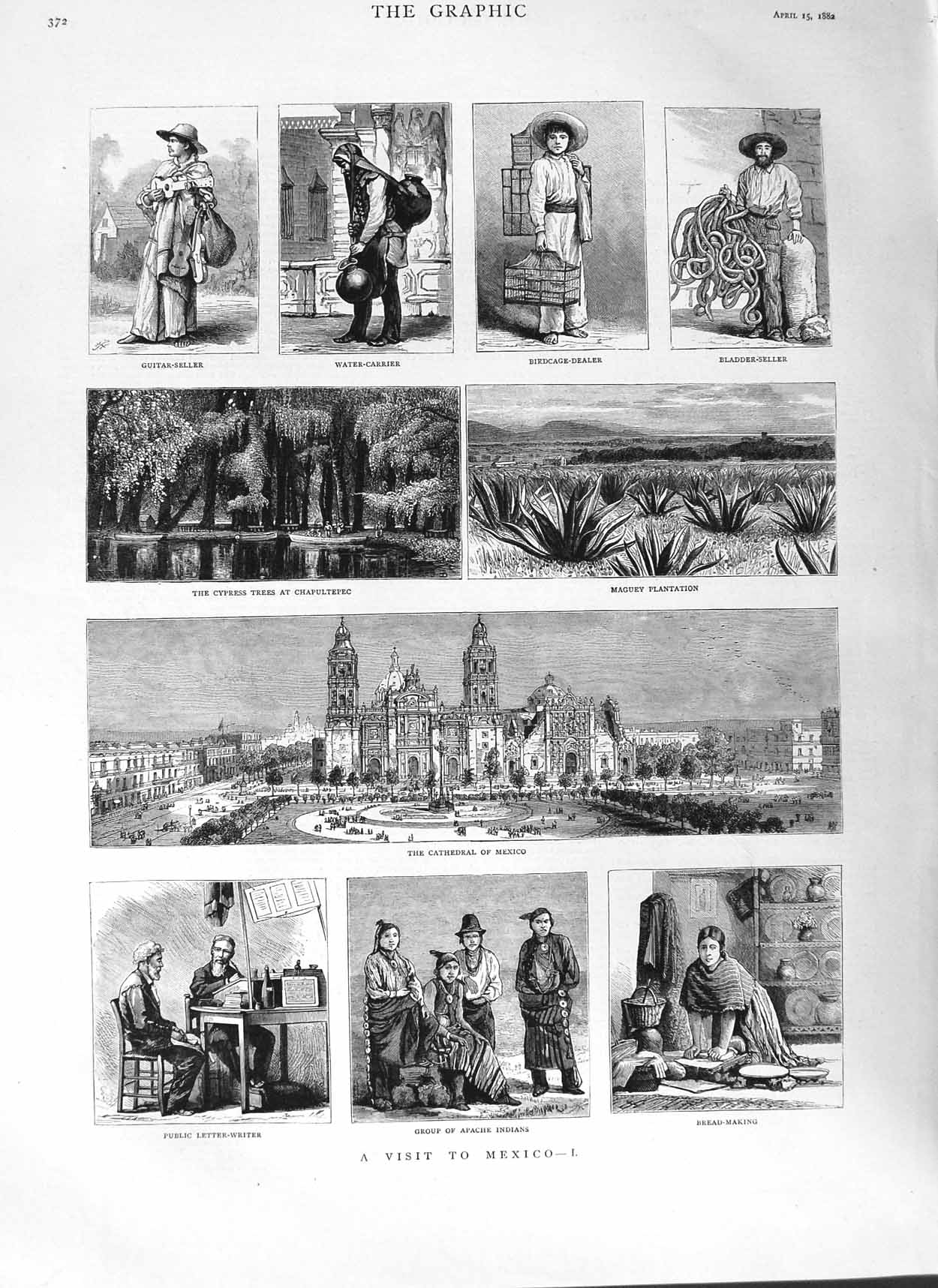 Old Antique Print 1882 Mexico Apache Indians Cathedral Chapultepec Maguey 19th