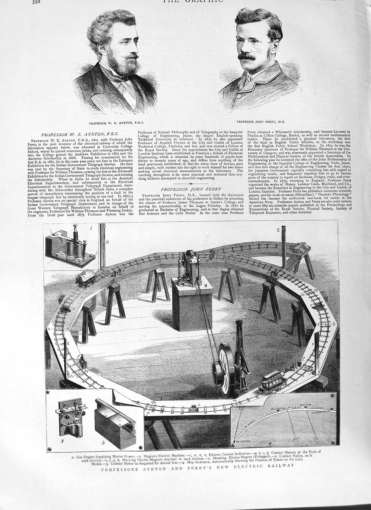 Original Old Antique Print 1882 Professors Ayrton Perry Electric Railway Engine