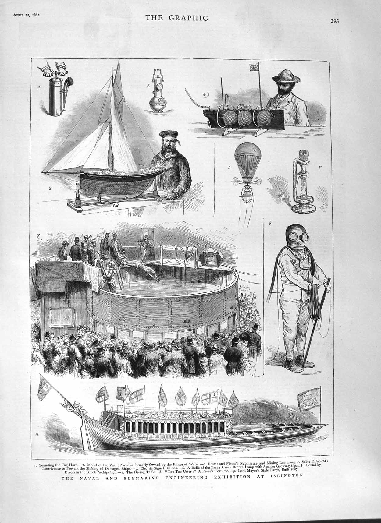 Original Old Antique Print 1882 Naval Submarine Engineering Islington Exh 19th