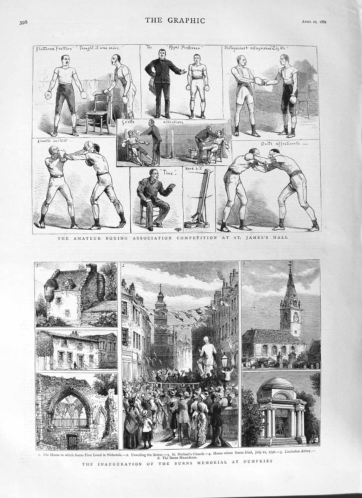 Old Antique Print 1882 Burns Memorial Abbey Dumfries Boxing James'S Hall 19th