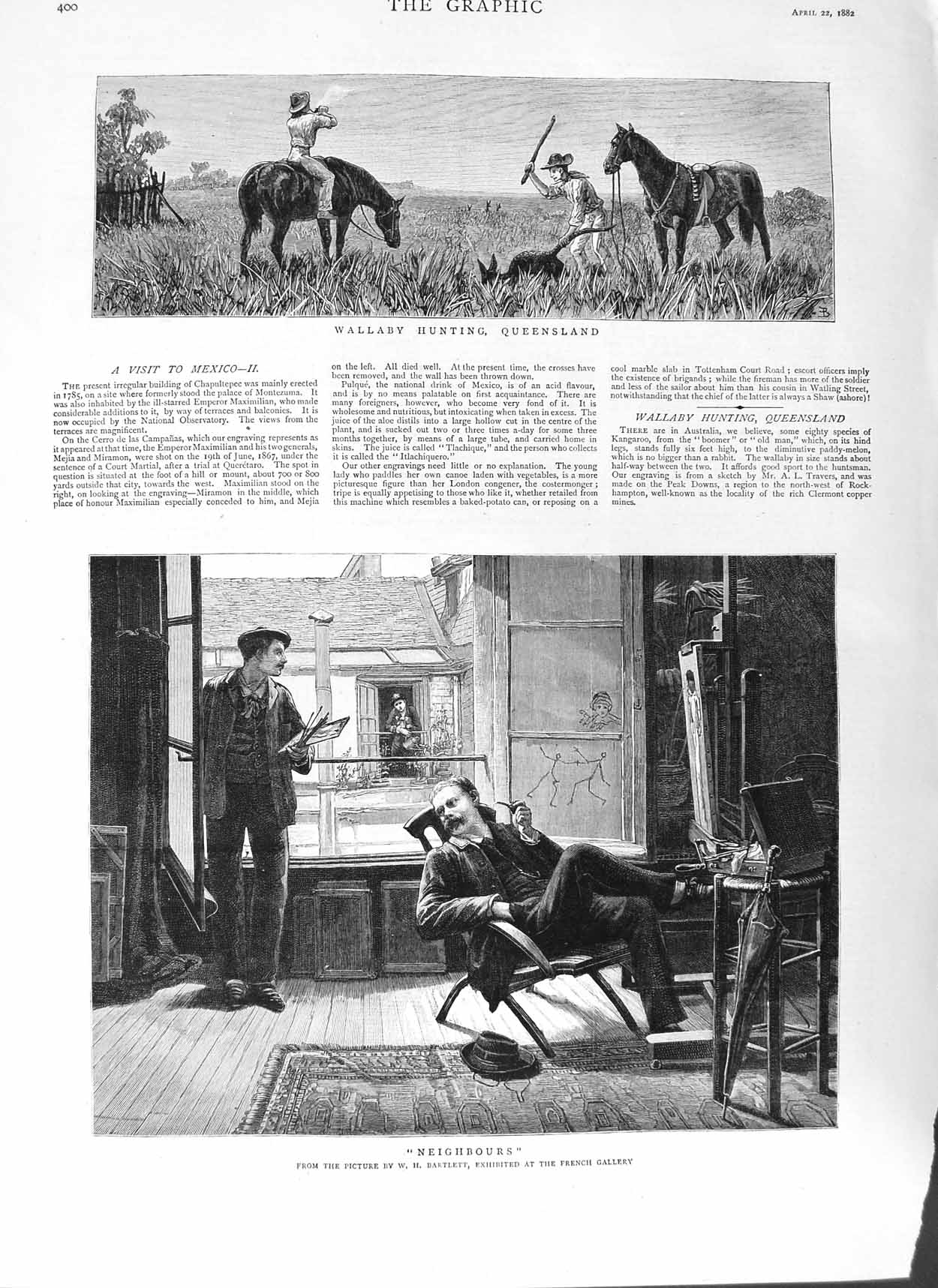 Antique Old Print *3087 1882 Wallaby Hunting Queensland Australia Men Chair