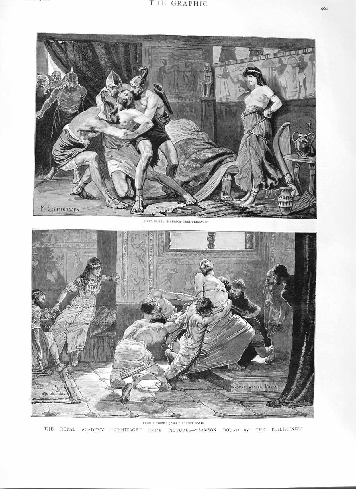 Original Old Antique Print 1882 Armitage Samson Philistines Maurice-Greiff 19th