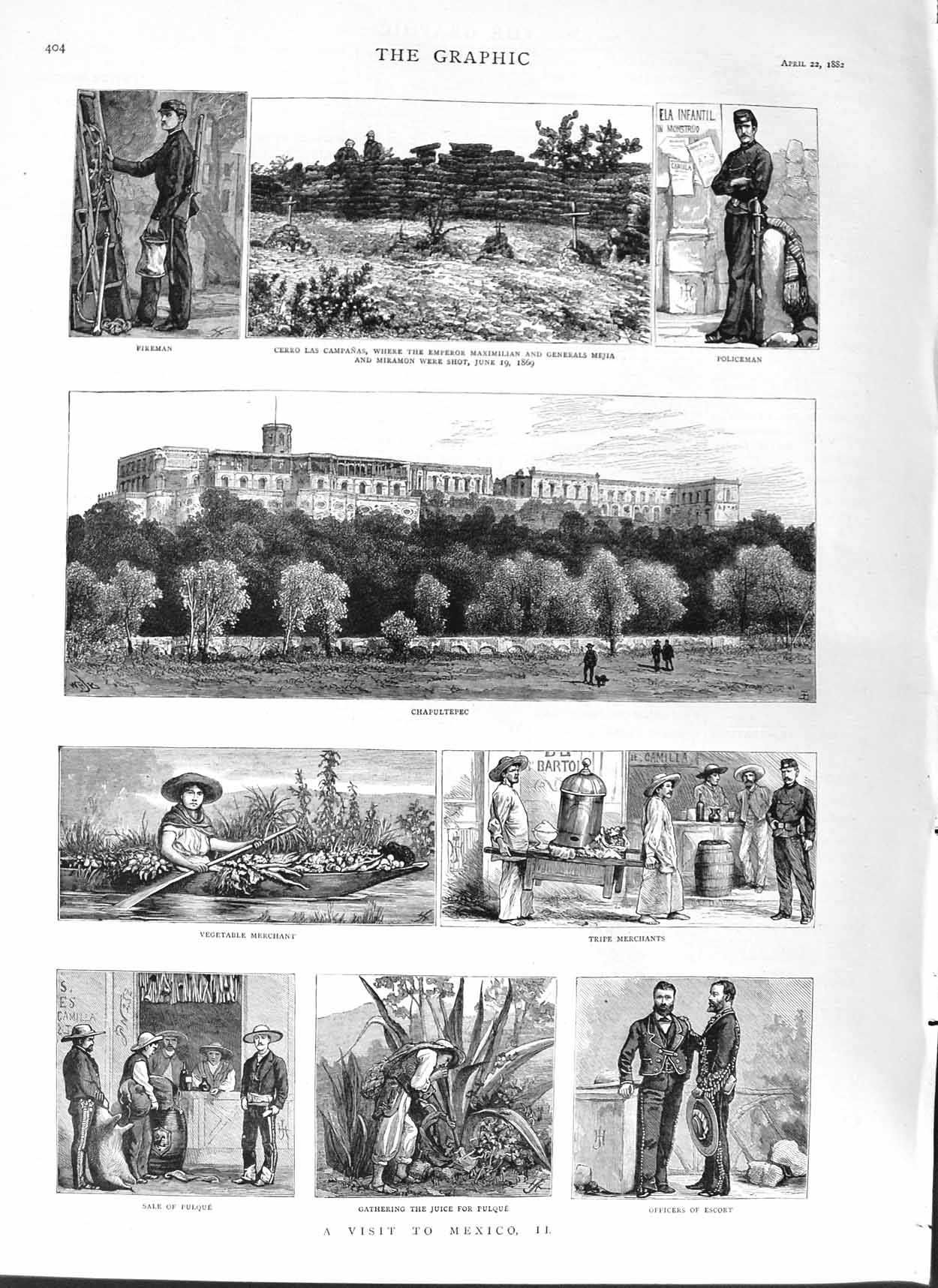 Old Antique Print 1882 Mexico Chapultepec Cerro Campanas Merchants Pulque 19th