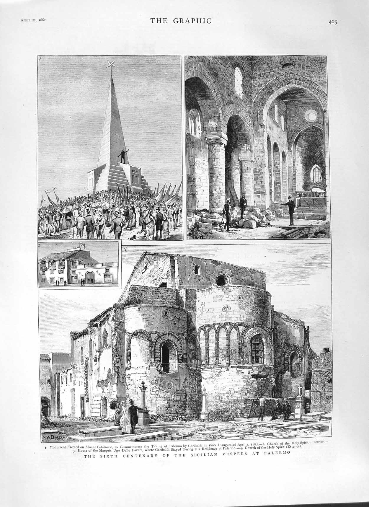 Original Old Antique Print 1882 Palermo Church Holy Spirit Monument Gibilro 19th