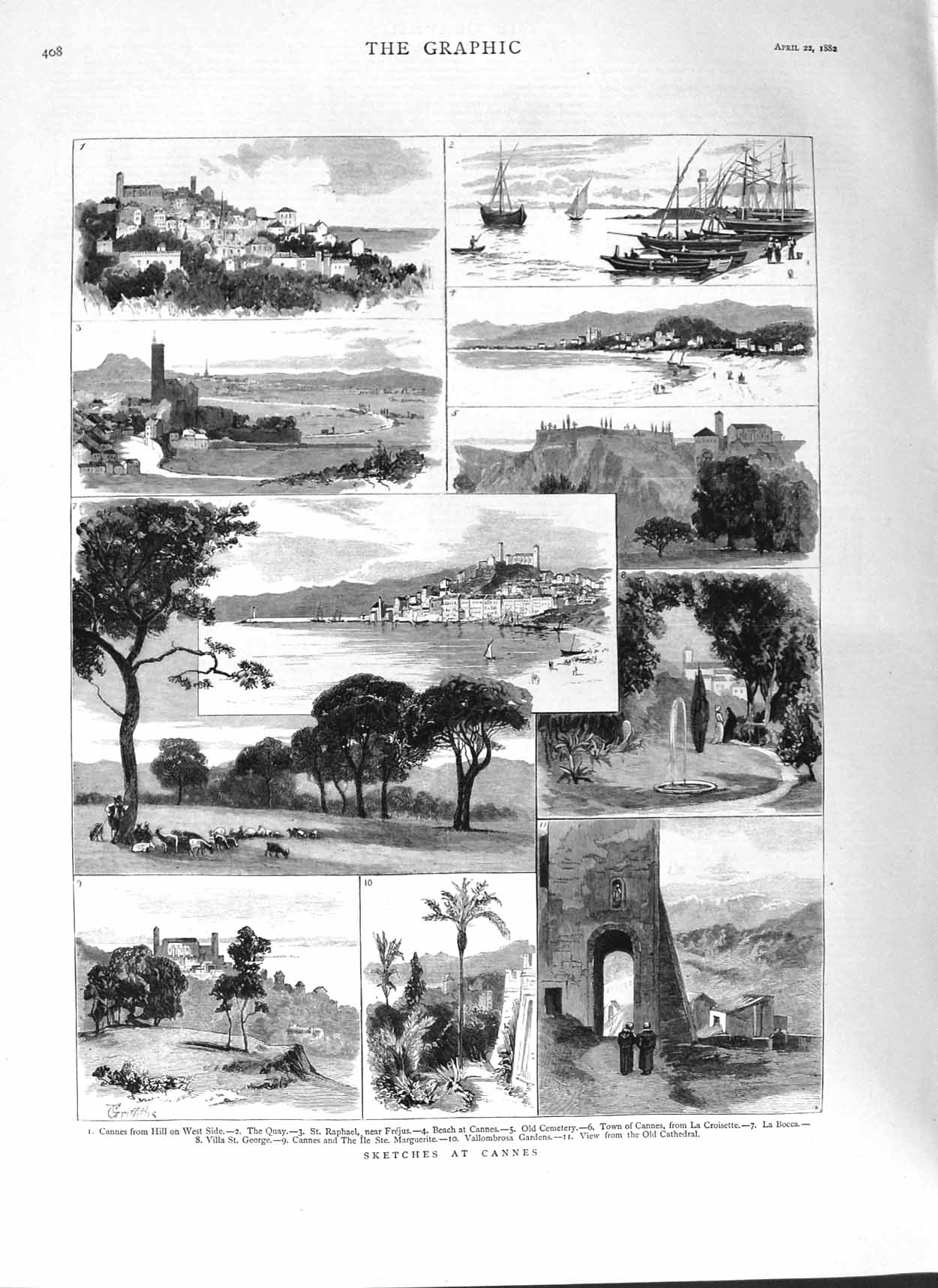 Original Old Antique Print 1882 Cannes France Villa George Marguerite Cemetery