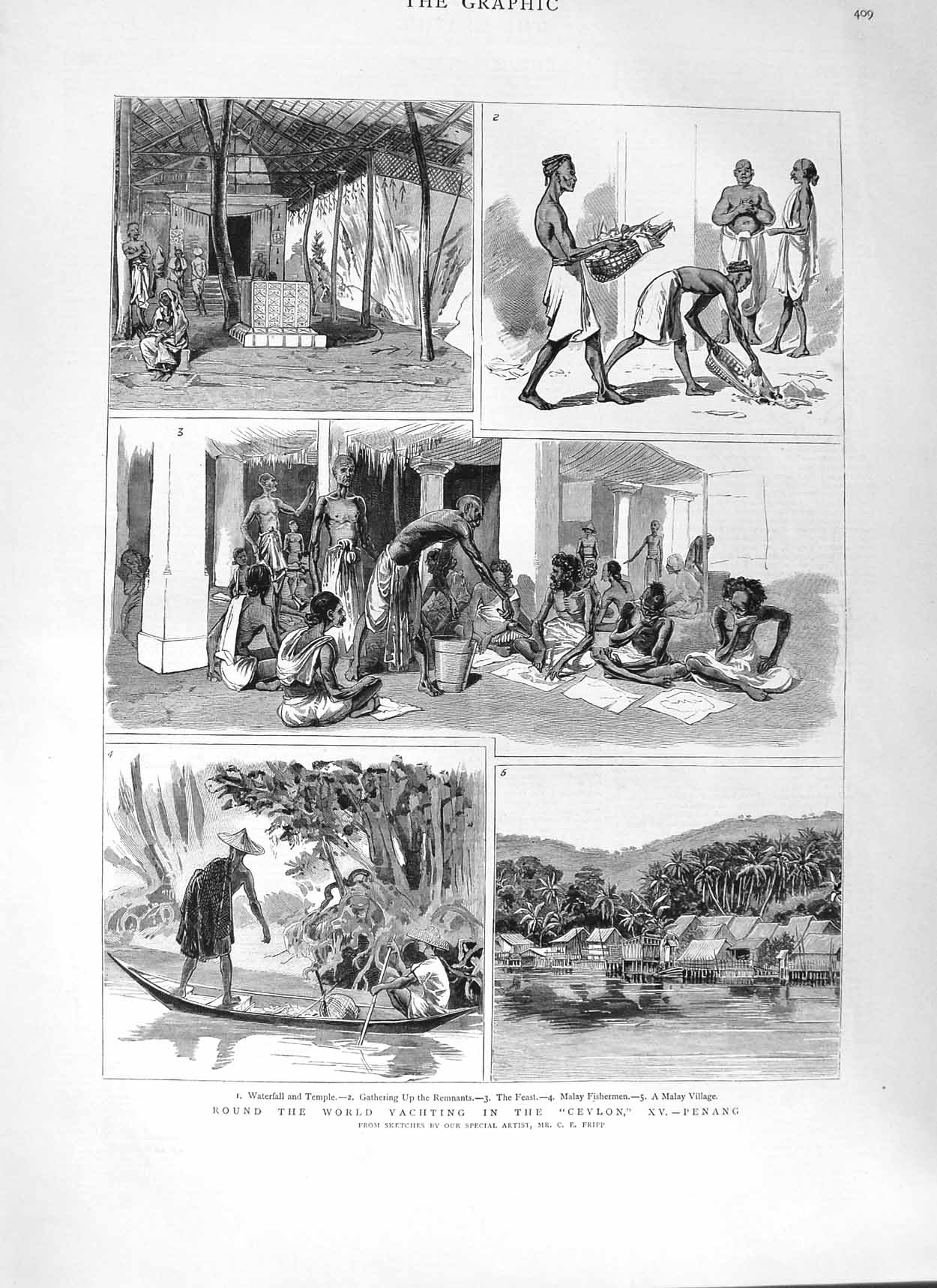 Original Old Antique Print 1882 Yacht Ceylon Penang Malay Village Fisherman 19th