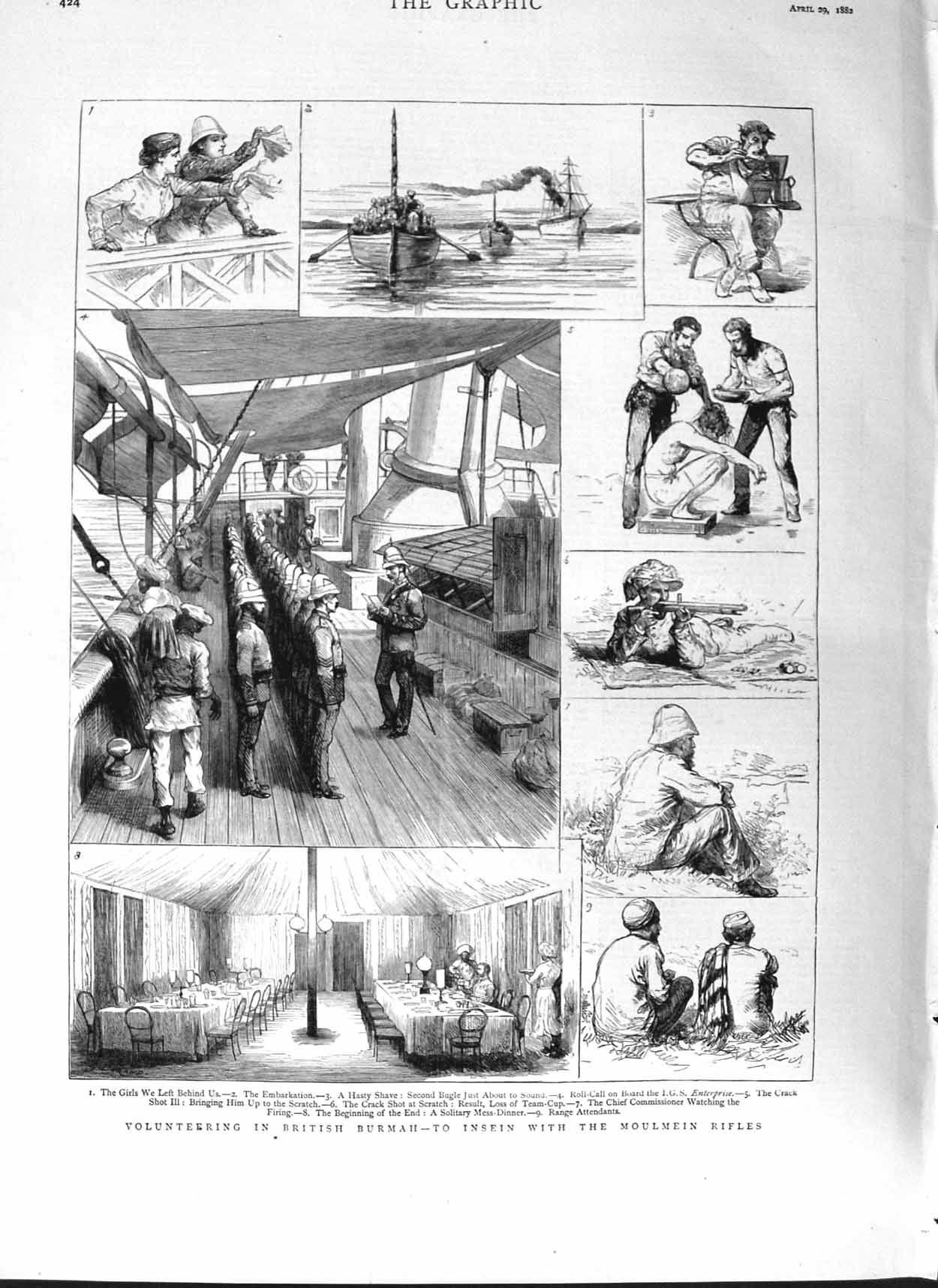 Original Old Antique Print 1882 British Burmah Moulmein Rifles Siers War Ship