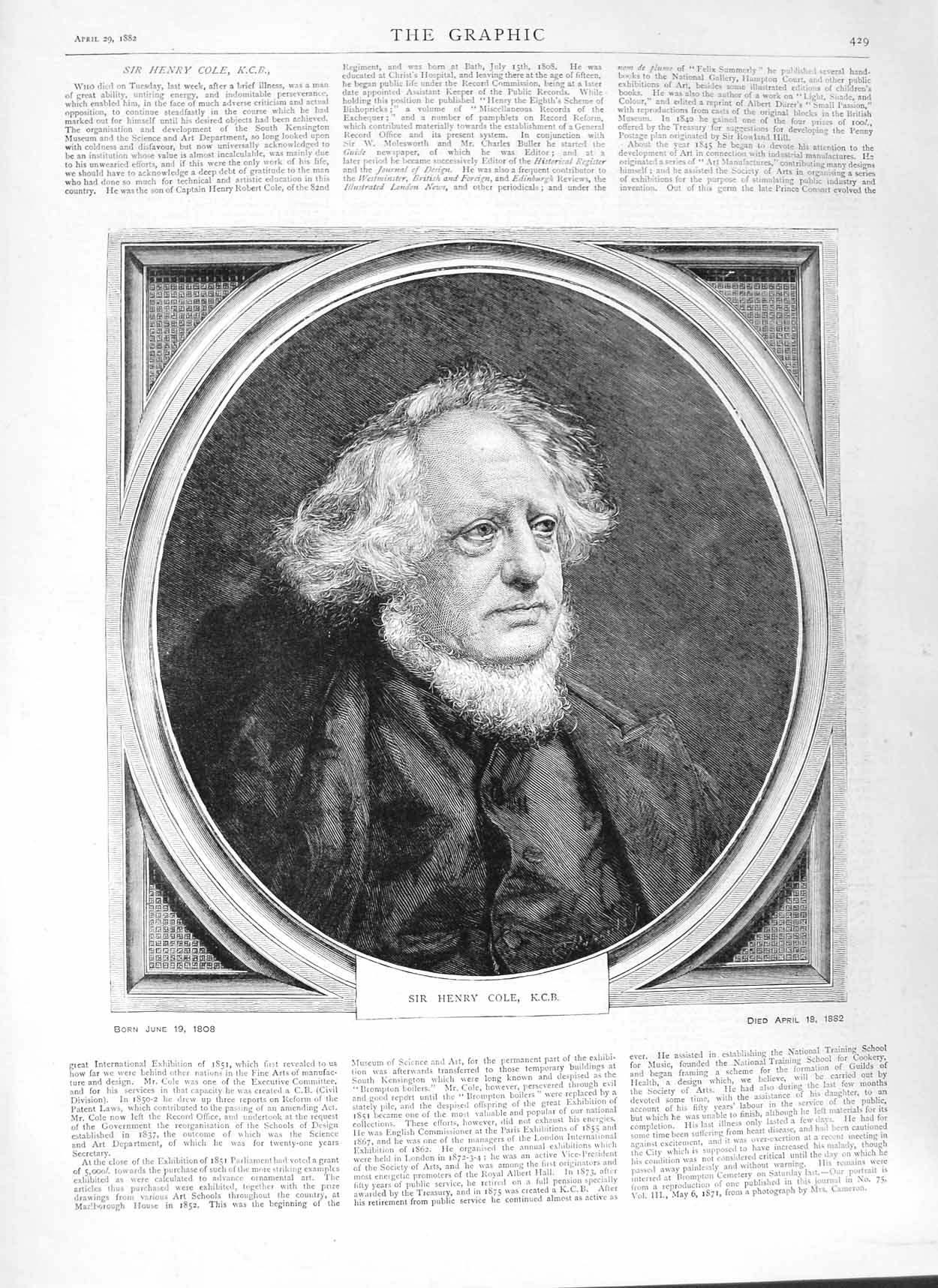 Original Old Antique Print 1882 Portrait Sir Henry Col 19th Century