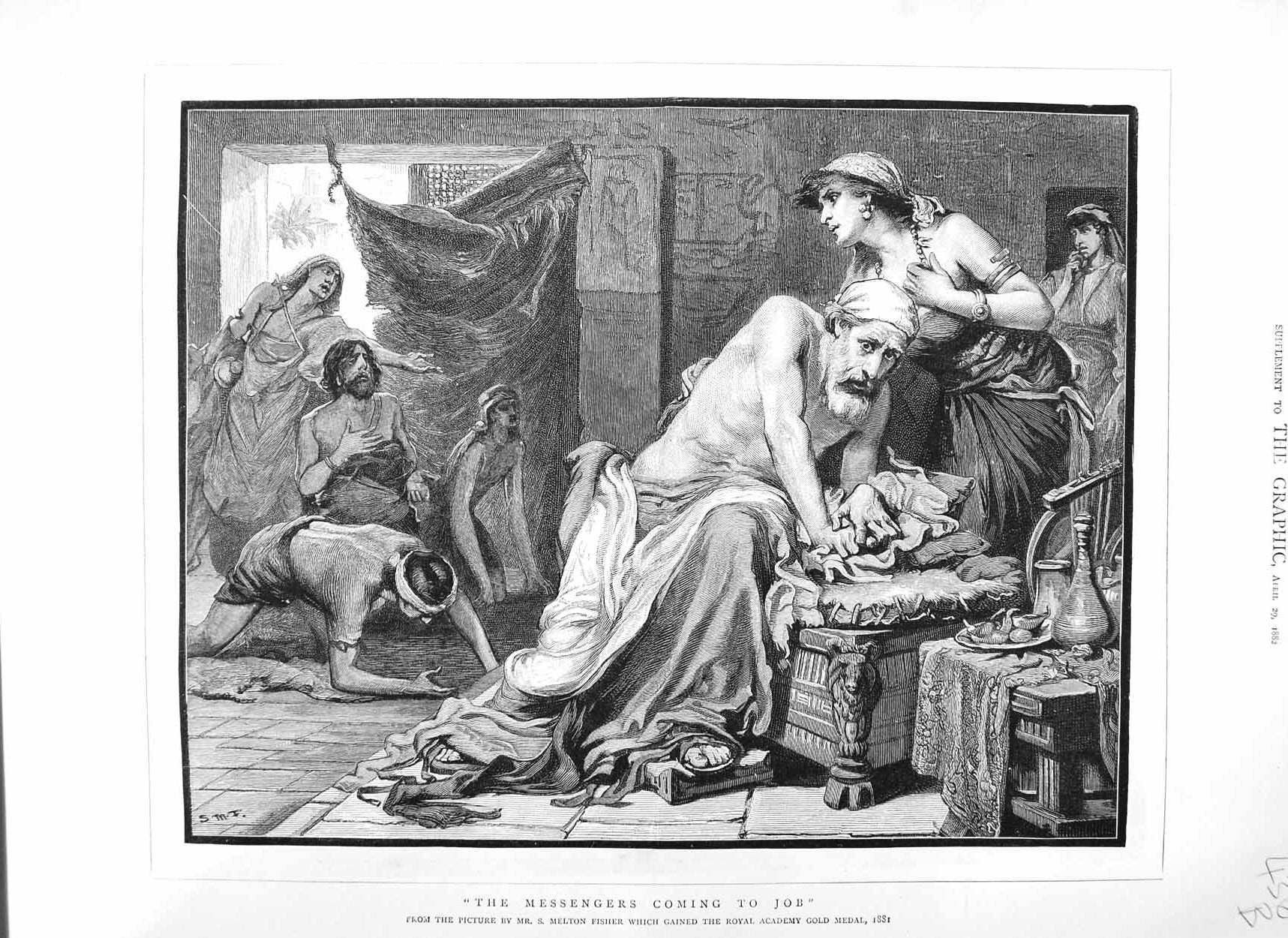 Original Old Antique Print 1882 Scene Messenger Job Melton Fisher Fine Art