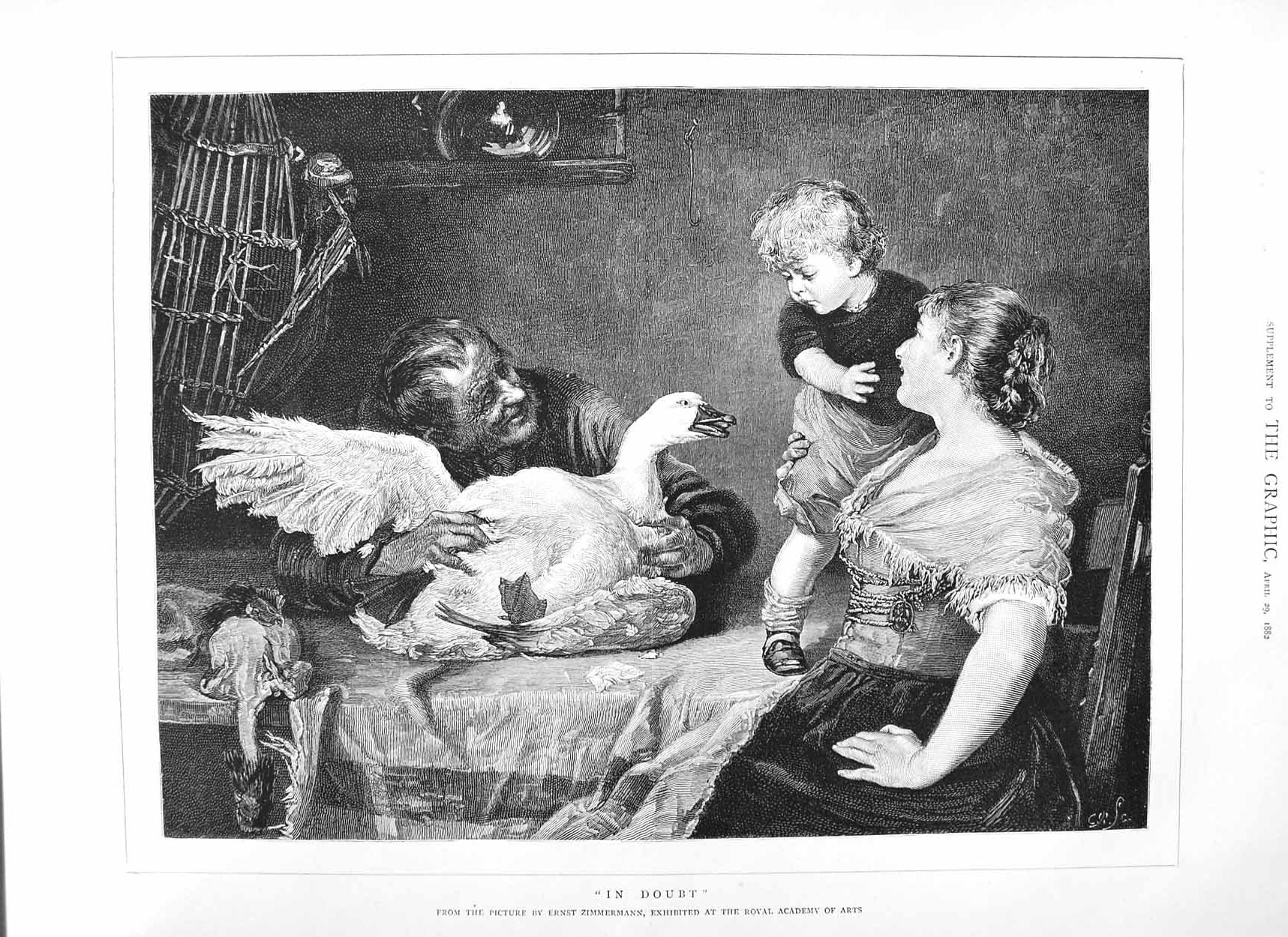 Original Old Antique Print 1882 Royal Academy Fine Art Goose Table Little Boy