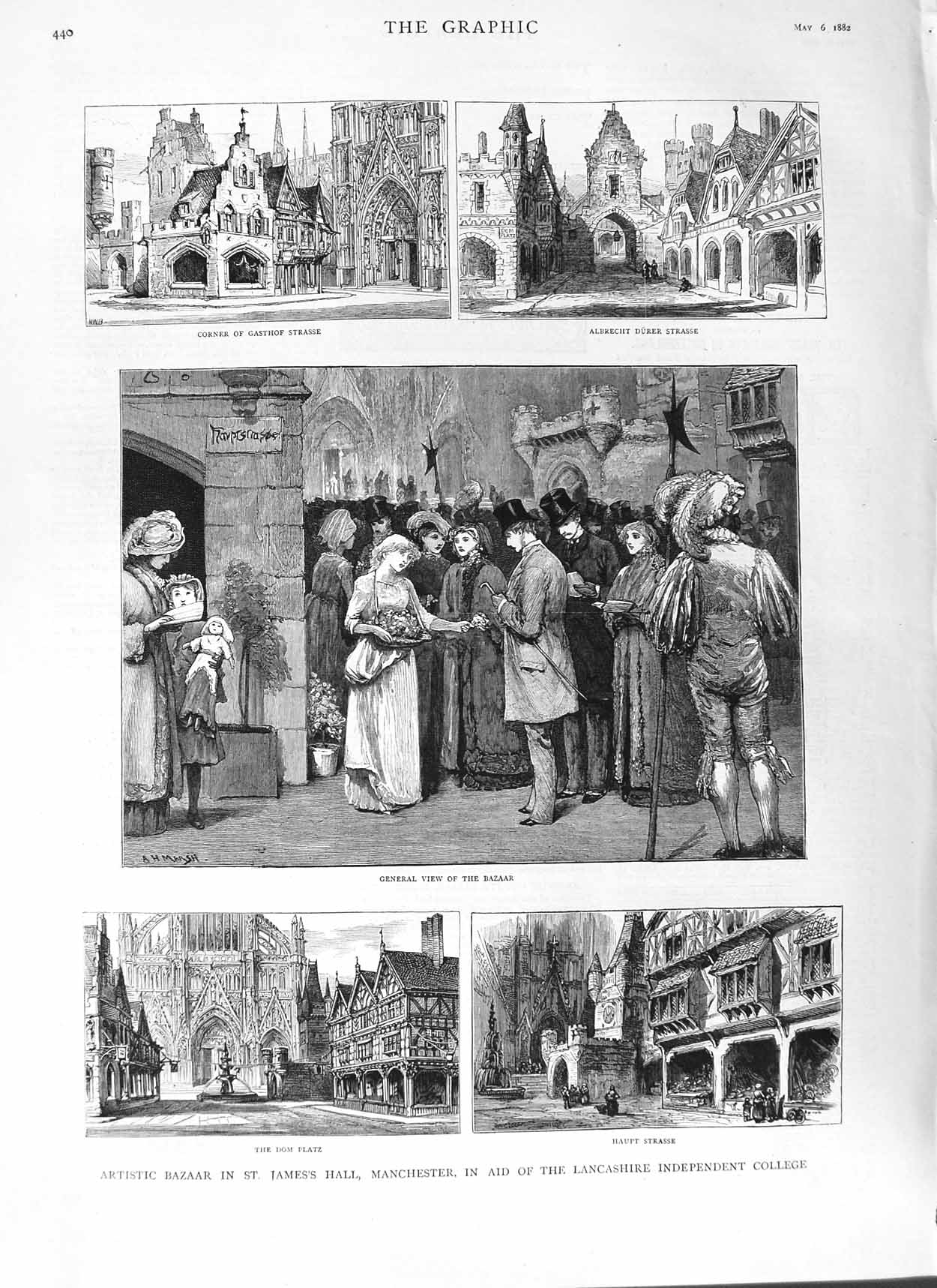 Original Old Antique Print 1882 St. James Hall Manchester Gasthalbrecht Strasse