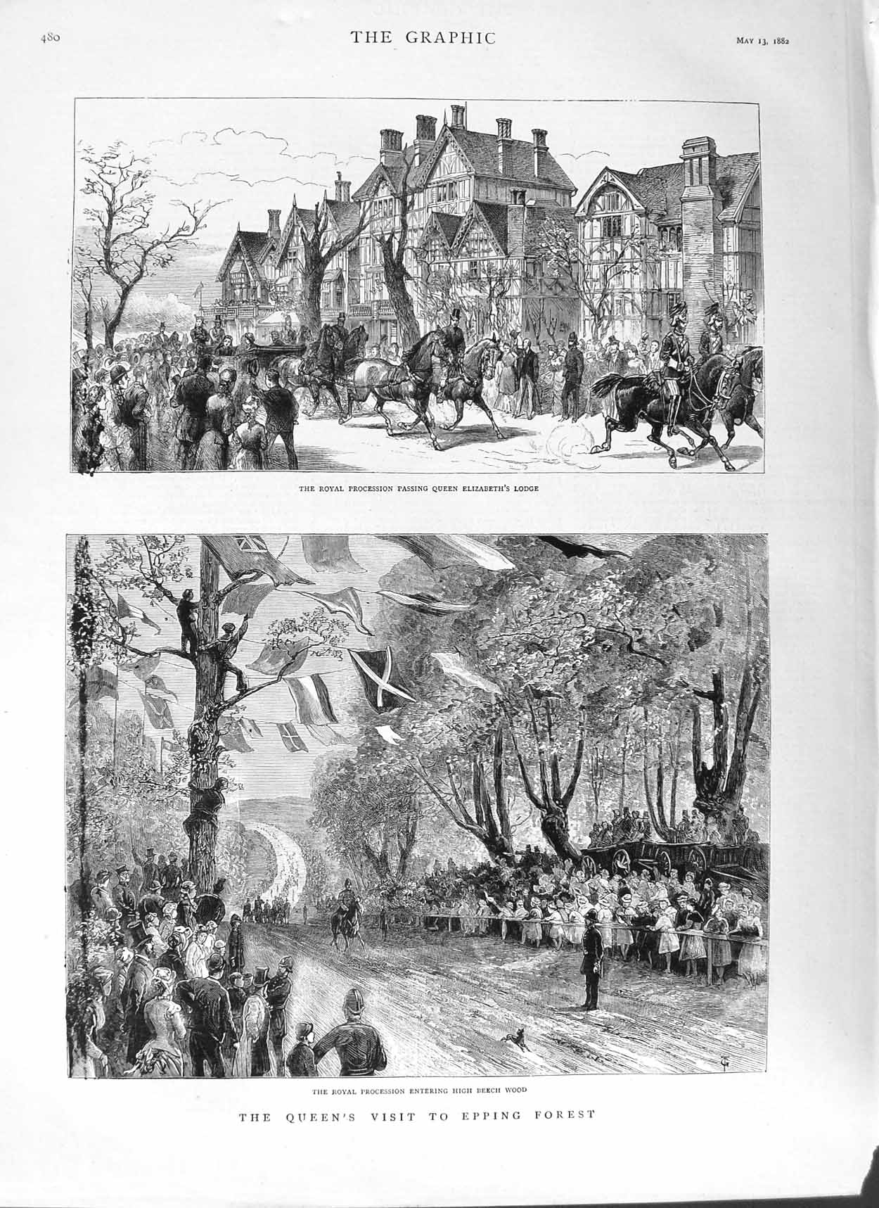 Original Old Antique Print 1882 Queen Epping Forest Elizabeth Lodge Bee 19th