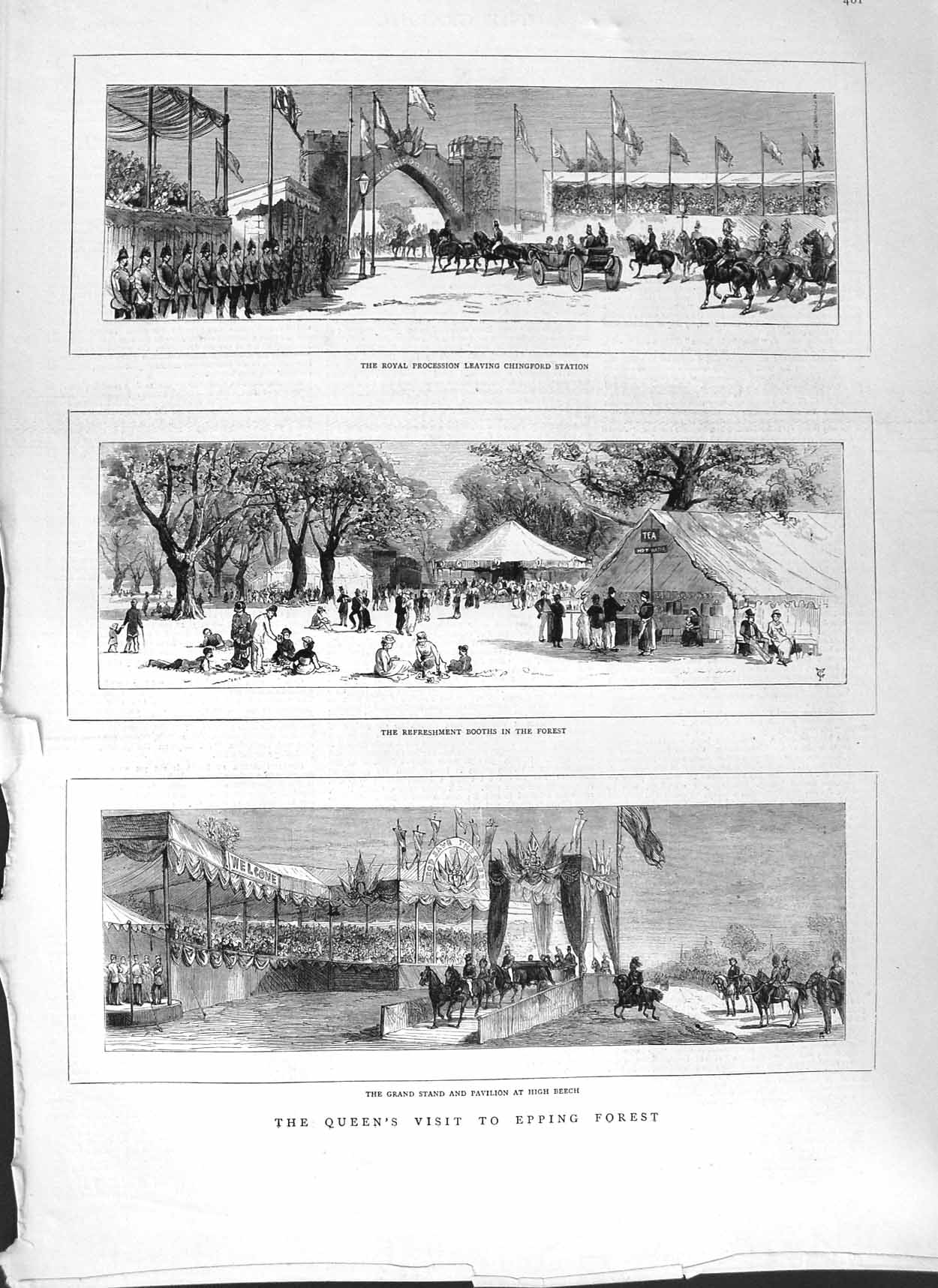 Original Old Antique Print 1882 Epping Forest Chingford Station Queen P 19th