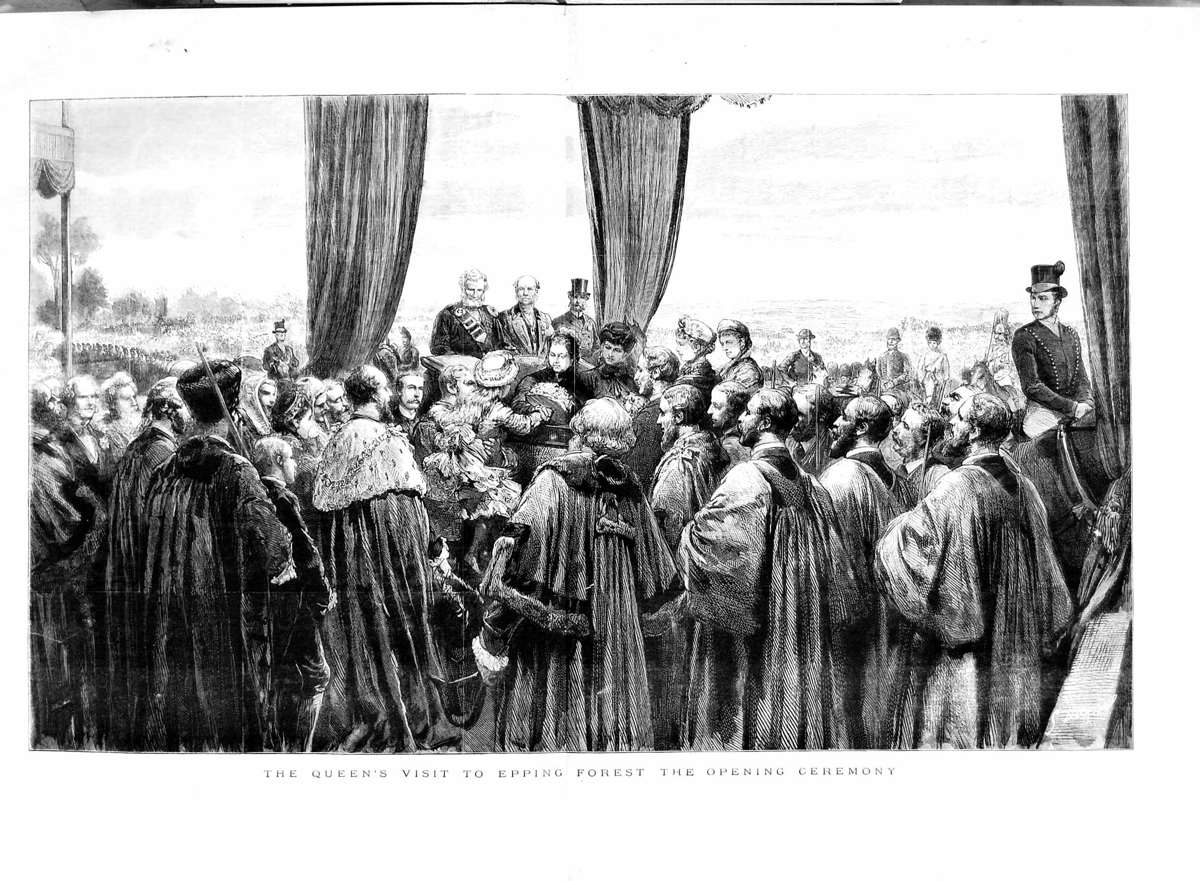 Original Old Antique Print 1882 Scene Queen Epping Forest Opening Ceremony
