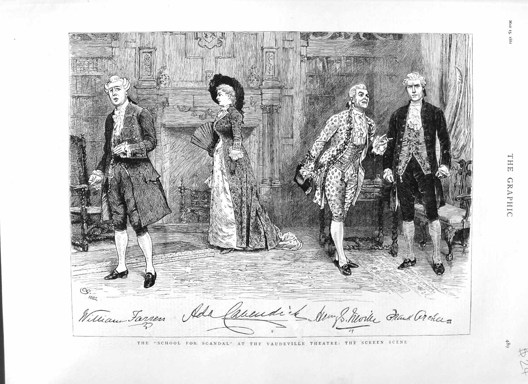 Antique Old Print *3085 1882 School Scandal Vaudeville Theatre Screen Scene