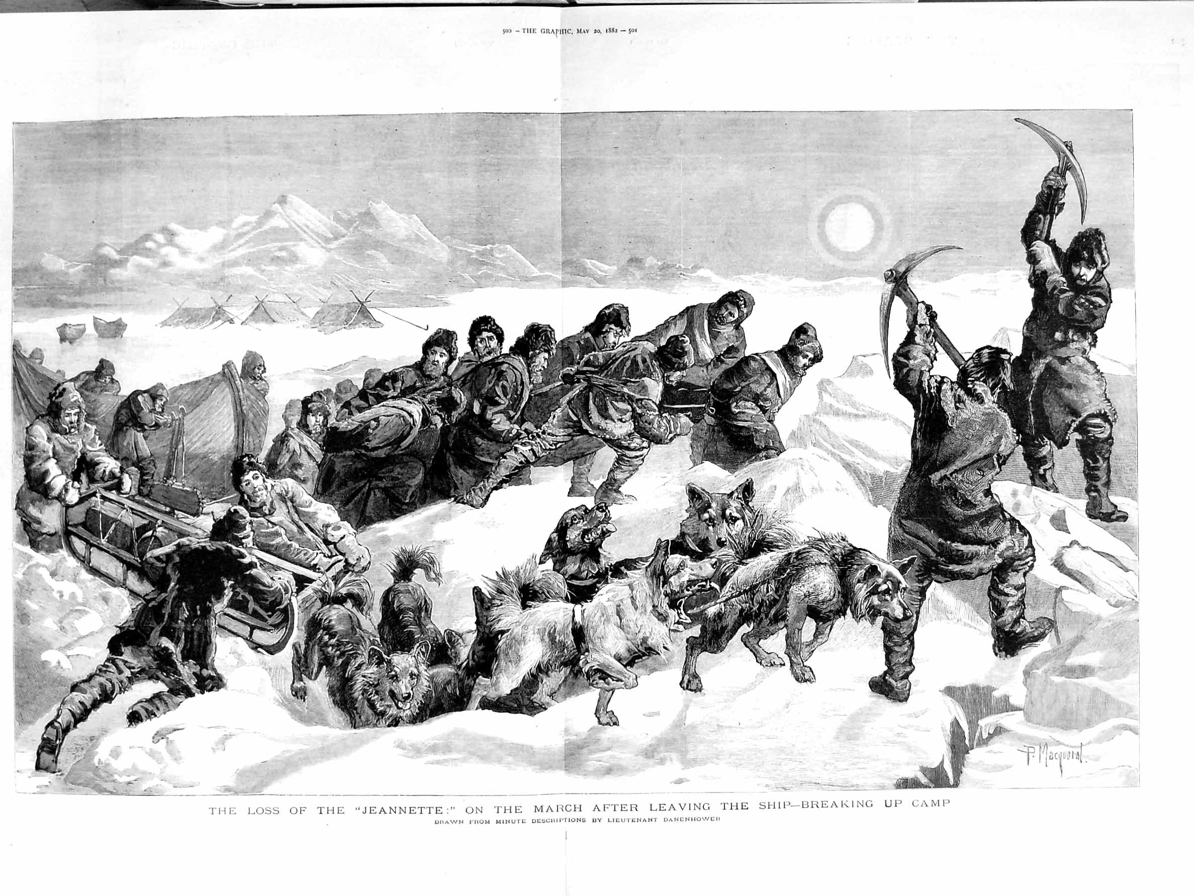 Original Old Antique Print 1882 Jeannette Ship Wreck Survivors Snow Camp Dogs