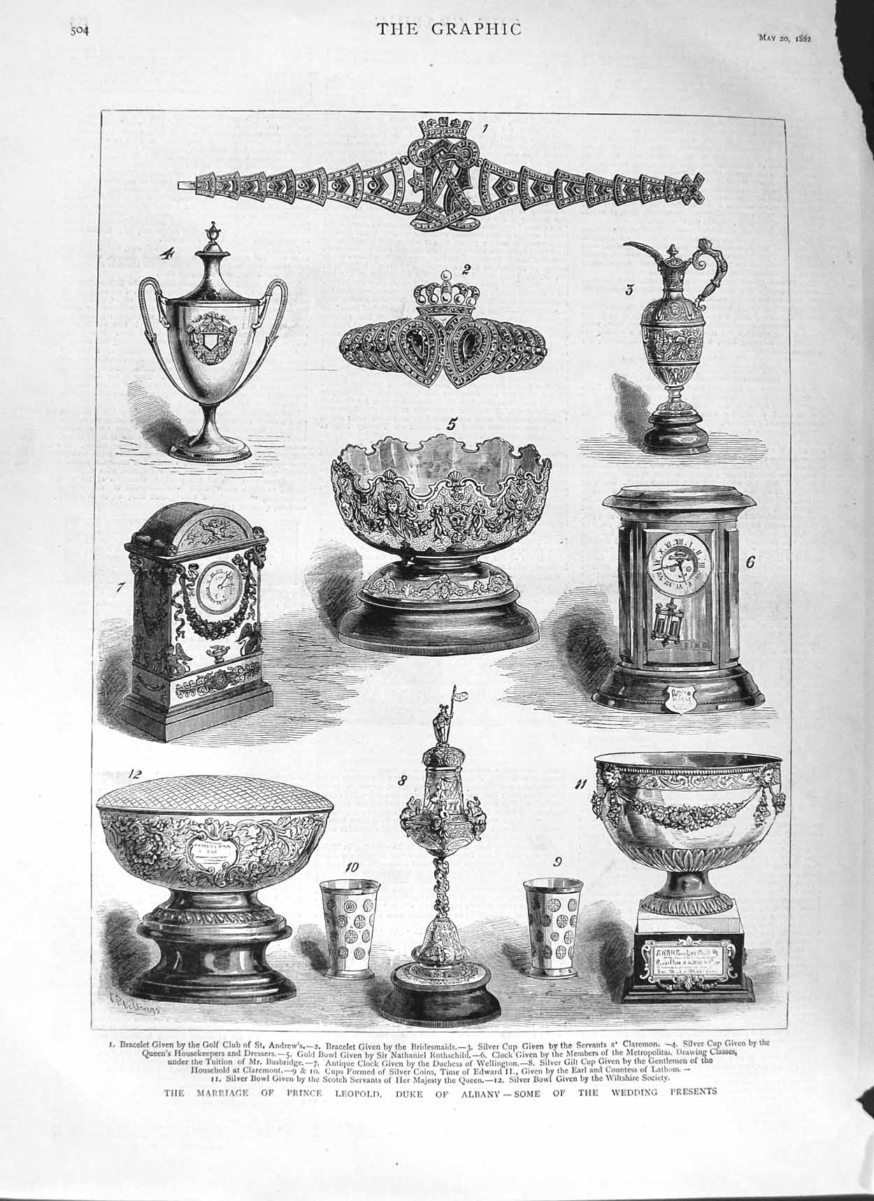 Original Old Antique Print 1882 Prince LeopDuke Albany Wedding Presents Silver