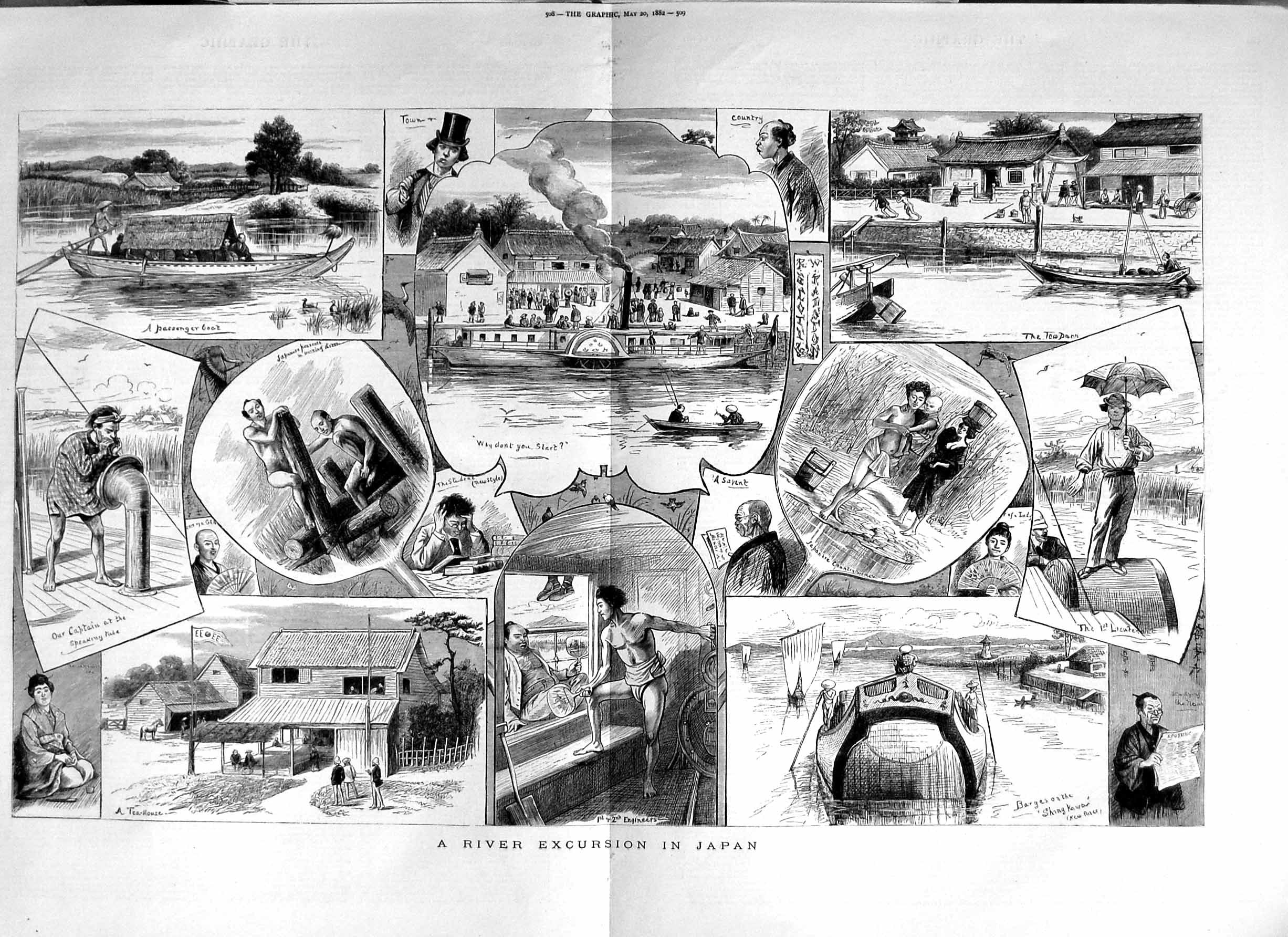 Original Old Antique Print 1882 River Excursion Japan Passenger Boat Barges