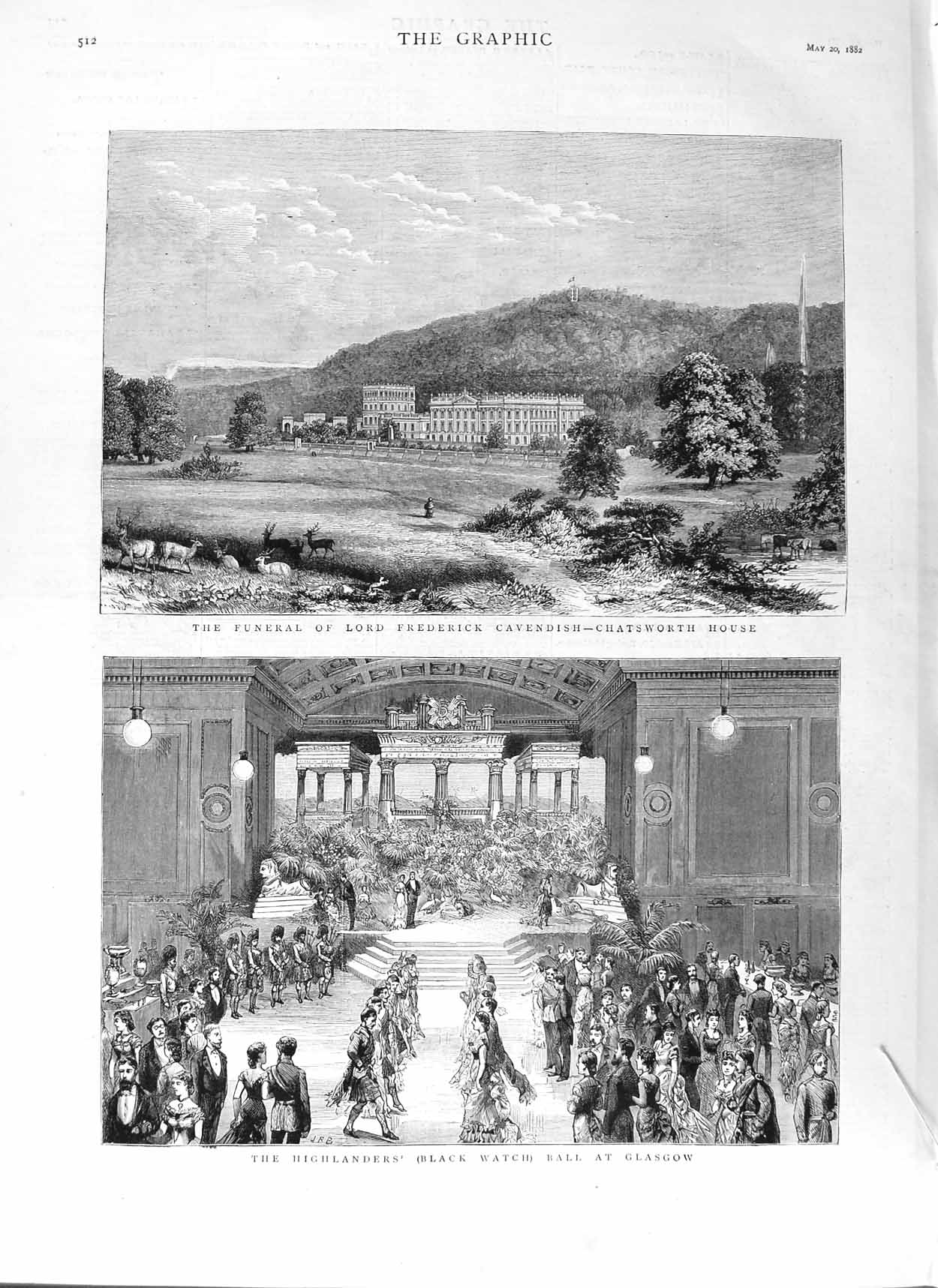 Old Antique Print 1882 Funeral Lord Cavendish Chatsworth Highlanders Ball 19th
