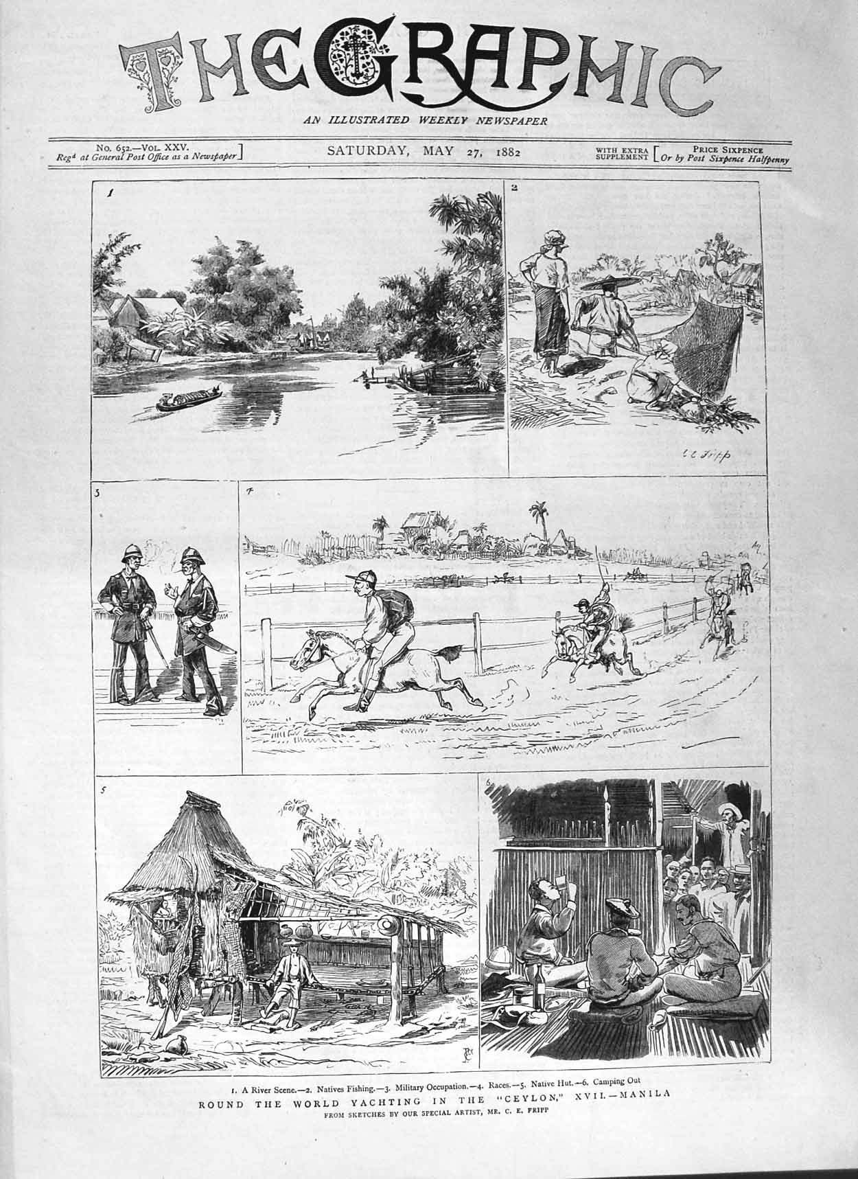Original Old Antique Print 1882 Ceylon Yacht Manila Natives Fishing Sport 19th