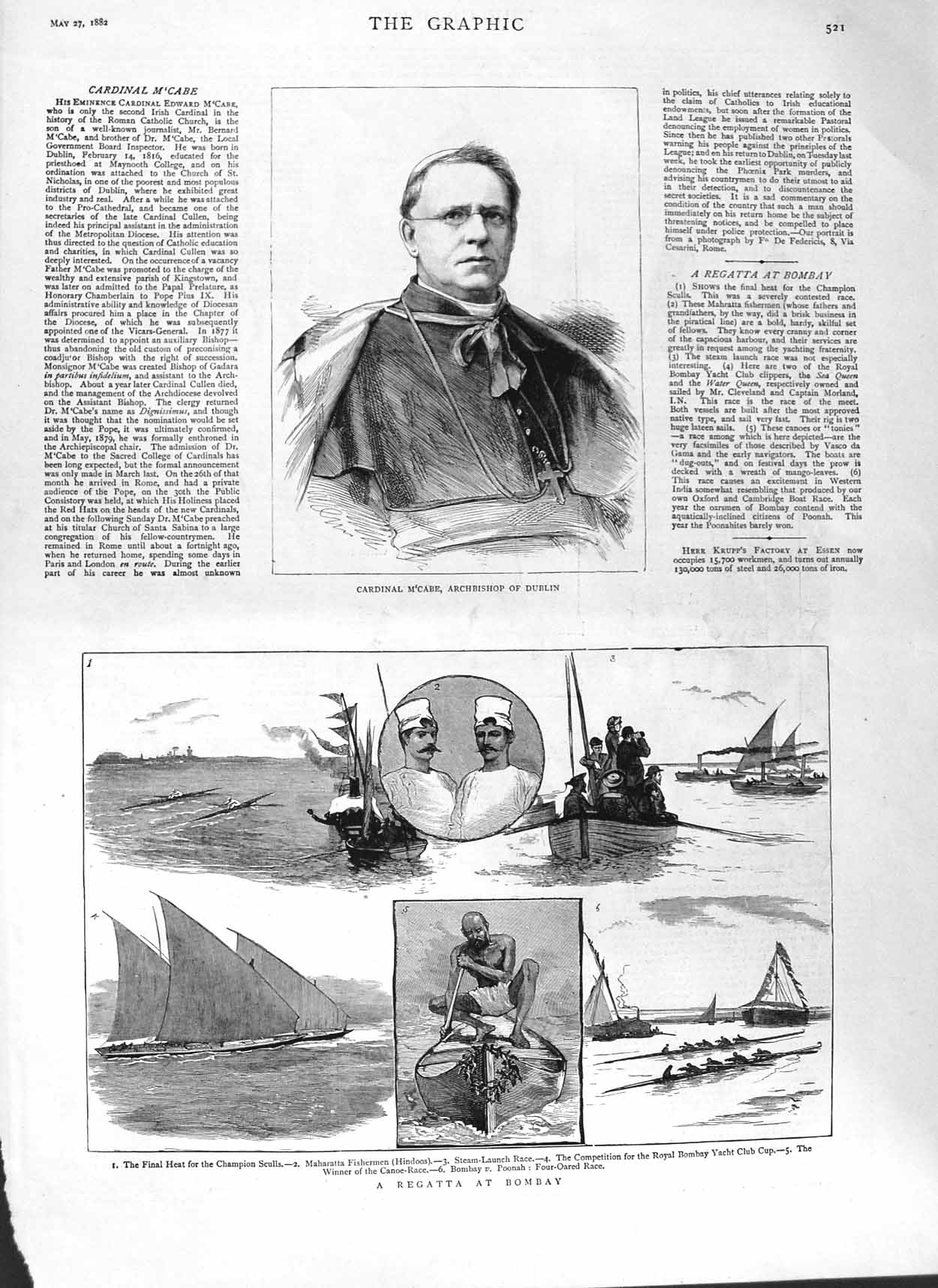Old Antique Print 1882 Regatta Bombay Cardinal M'Cabe Archbishop Dublin 19th