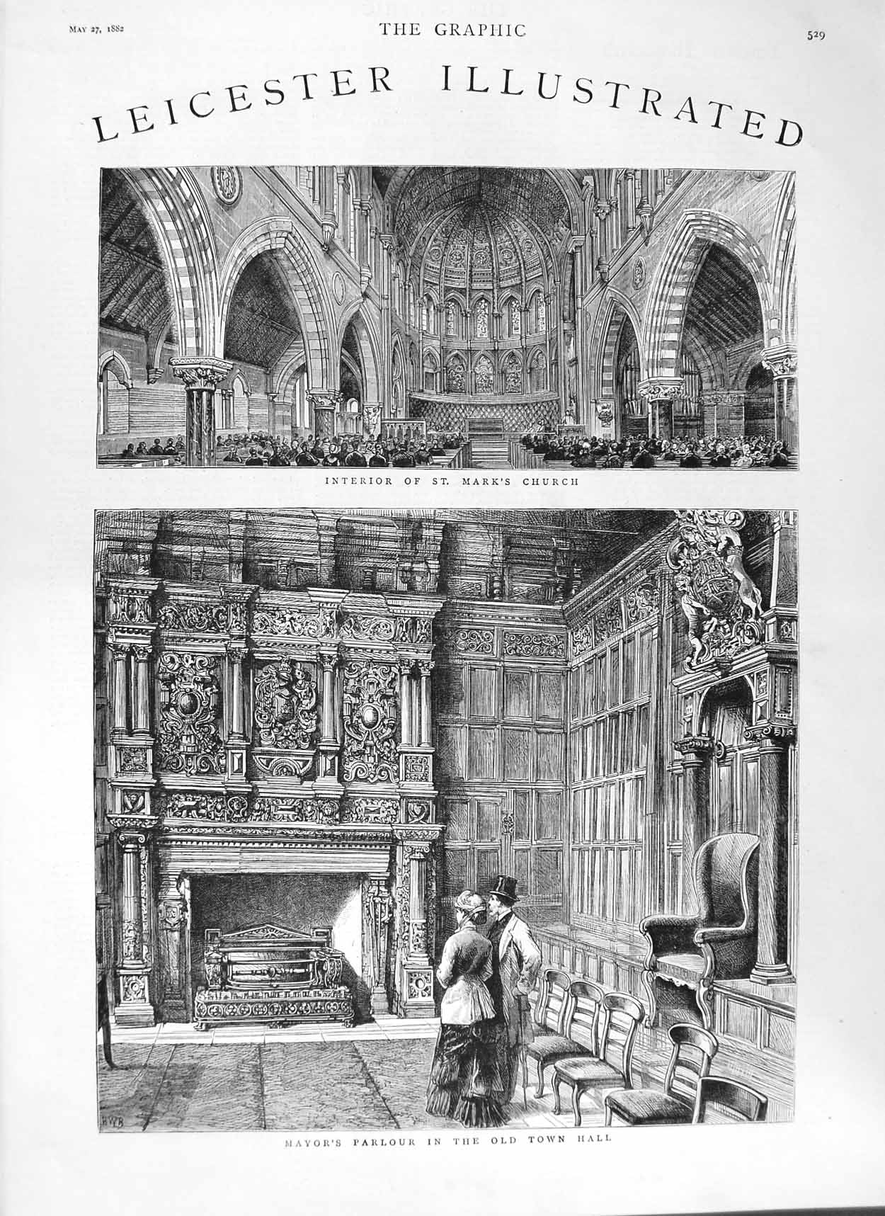 Old Antique Print 1882 Leicester Mark'S Church Mayor'S Parlour Town Hall 19th