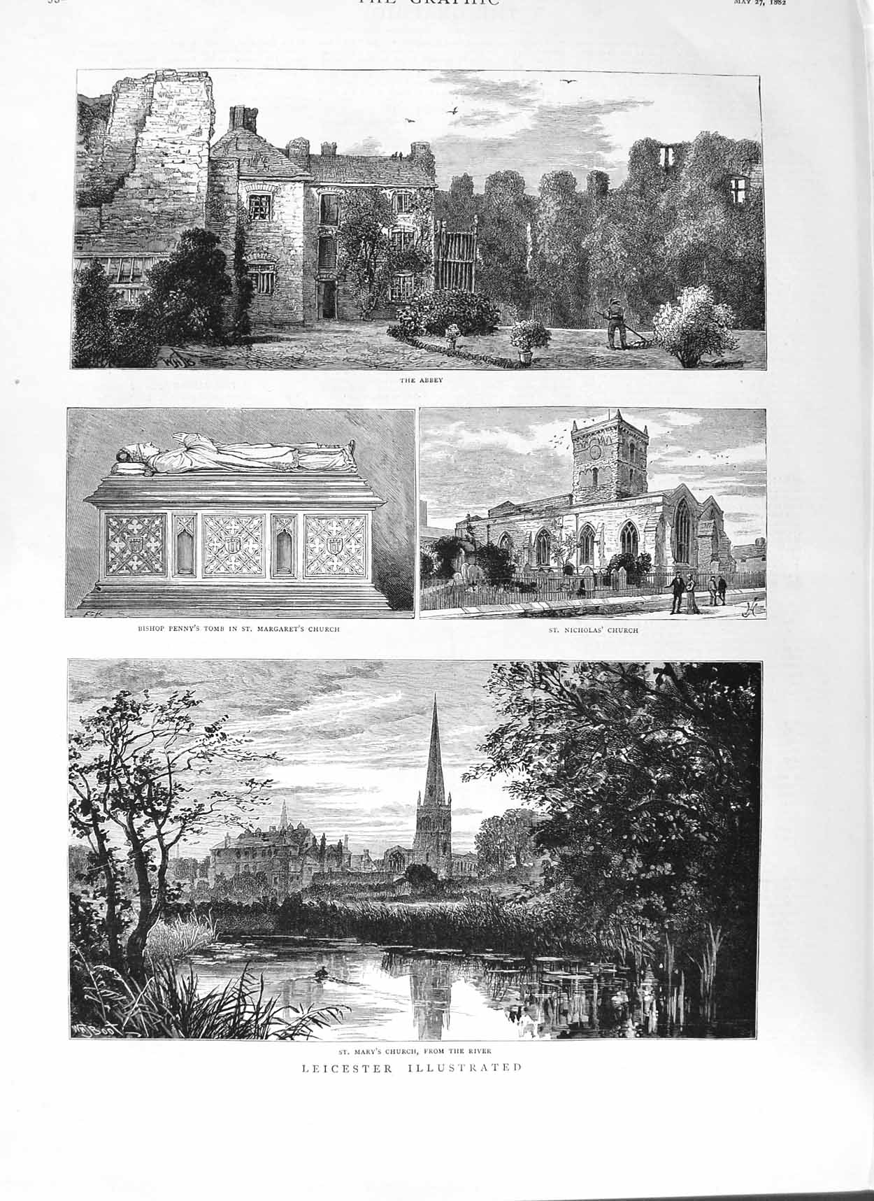 Original Old Antique Print 1882 Leicester Mary'S Church Abbey Bishop Penny Tomb