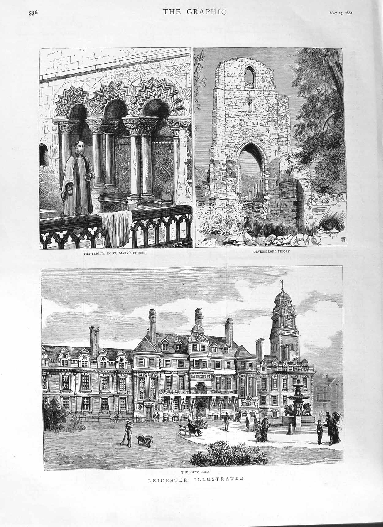 Old Antique Print 1882 Leicester Town Hall Sedilla Mary'S Church Priory 19th