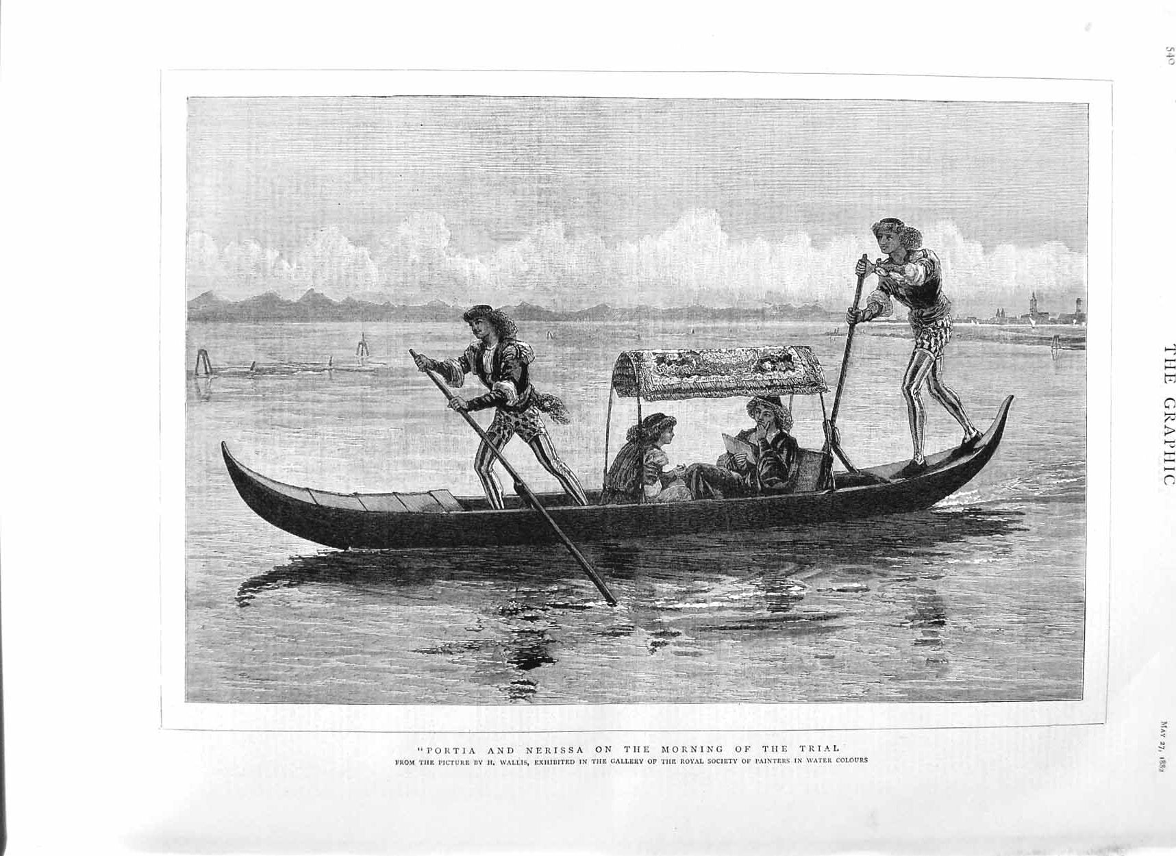 Original Old Antique Print 1882 Portia Nerissa River Boat Wallis Fine Art 19th