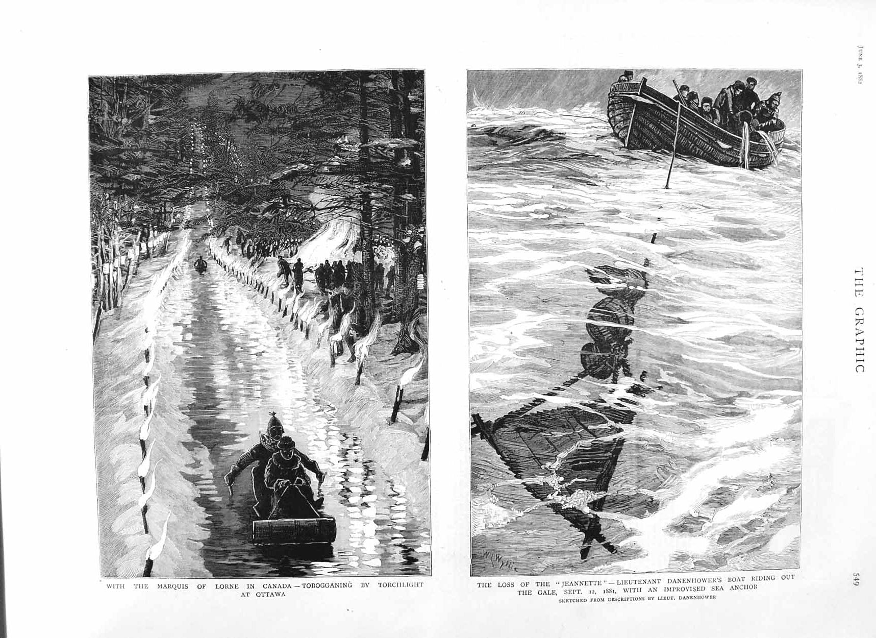 Original Old Antique Print 1882 Marquis Lorne Canada Tobogganing Danehower Boat