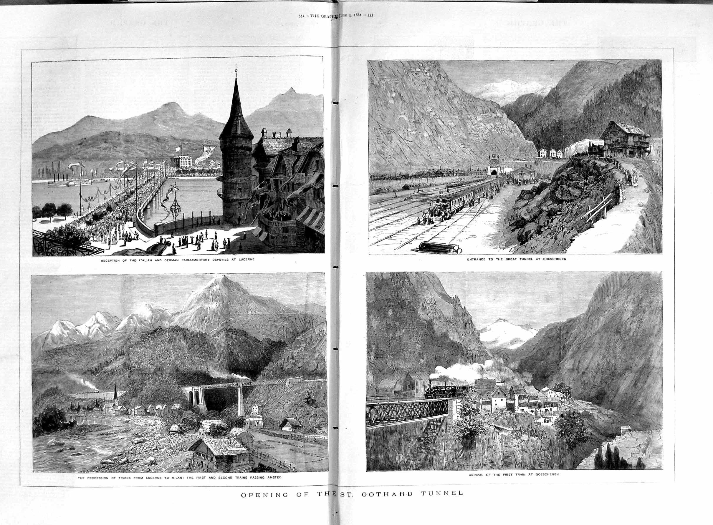 Old Antique Print 1882 Opening Gothard Tunnel Train Goeschenen Lucerne 19th