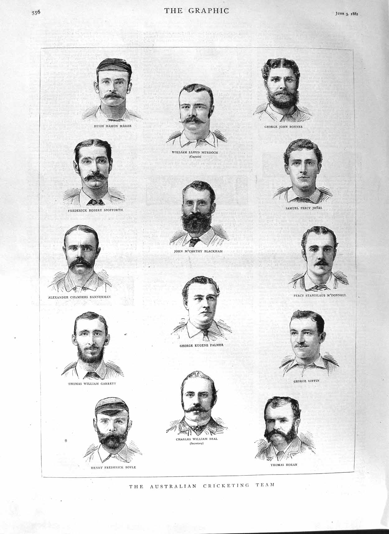 Original Old Antique Print 1882 Australian Cricket Sport Palmer Beal Murdoc 19th