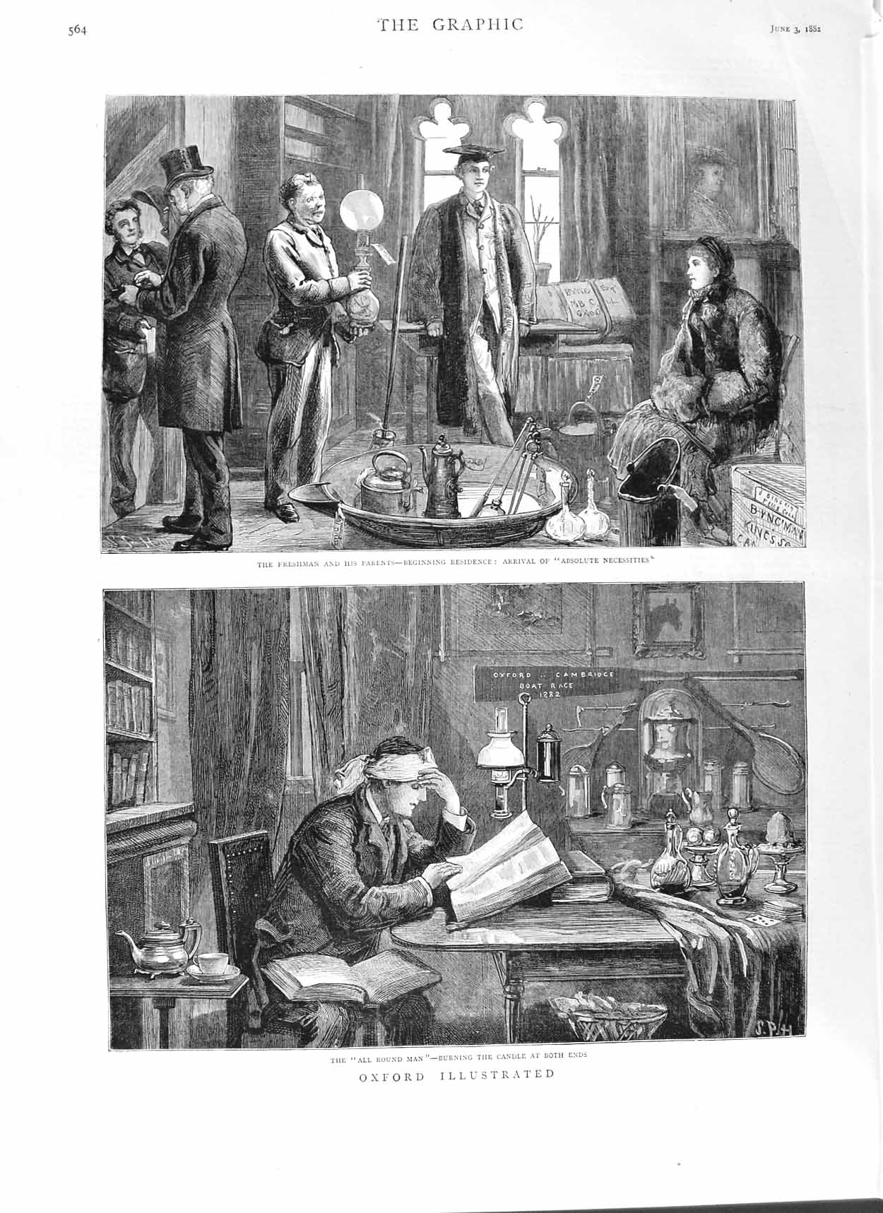 Original Old Antique Print 1882 Oxford Freshman College Students Book F 19th
