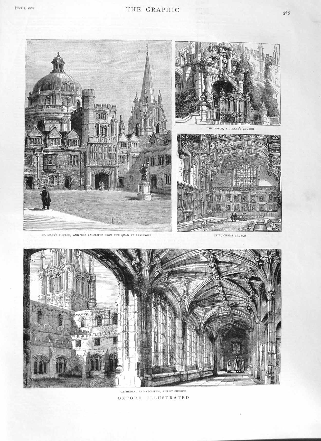 Original Old Antique Print 1882 Oxford Cathedral St. Mary'S Church Cloisters