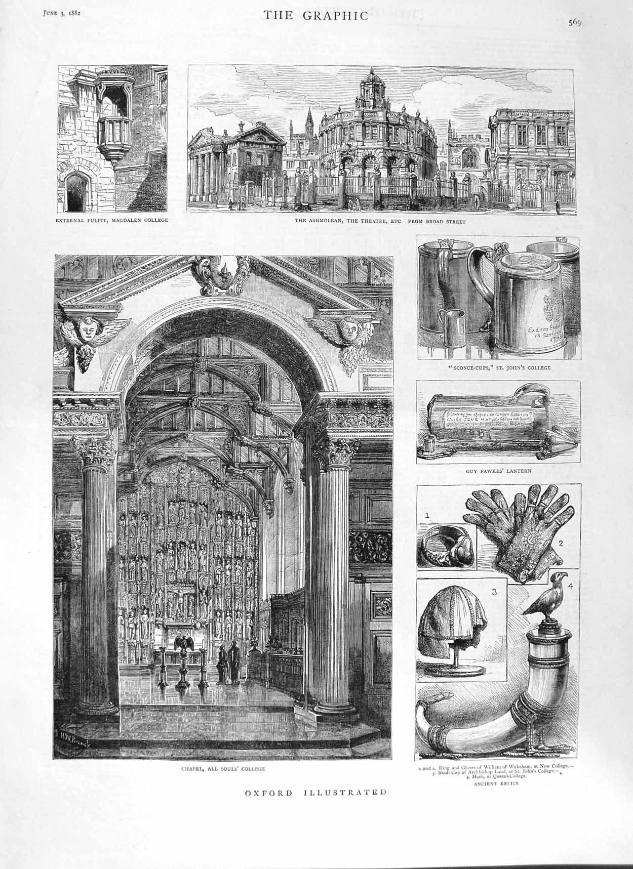 Old Antique Print 1882 Oxford All Souls College Ashmolean Theatre Fawkes 19th