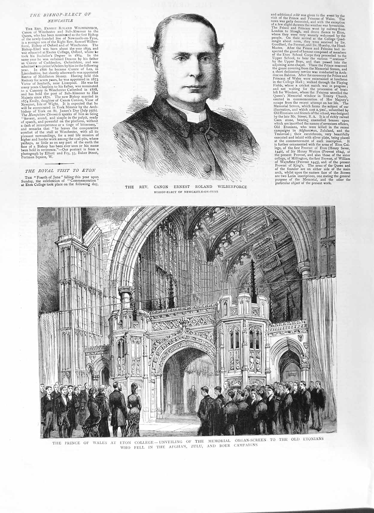 Old Antique Print 1882 Rev. Canon Wilberforce Eton College Prince Wales 19th