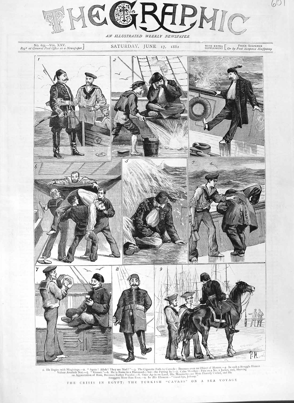 Original Old Antique Print 1882 Egypt Turkish Cavass Sea Ship Sailors War Horse