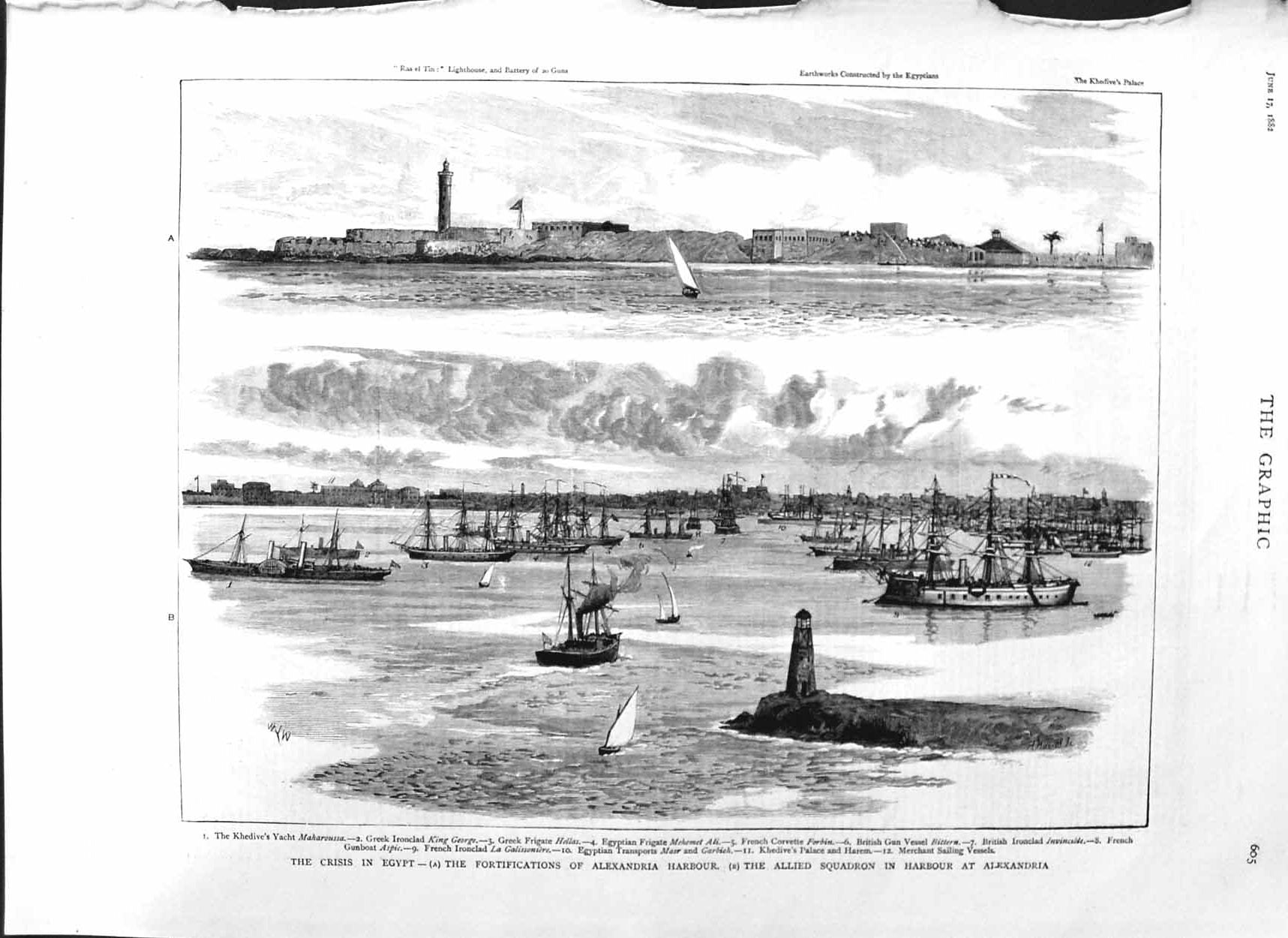 Original Old Antique Print 1882 Egypt Alexandria Harbour Ships War George Masr