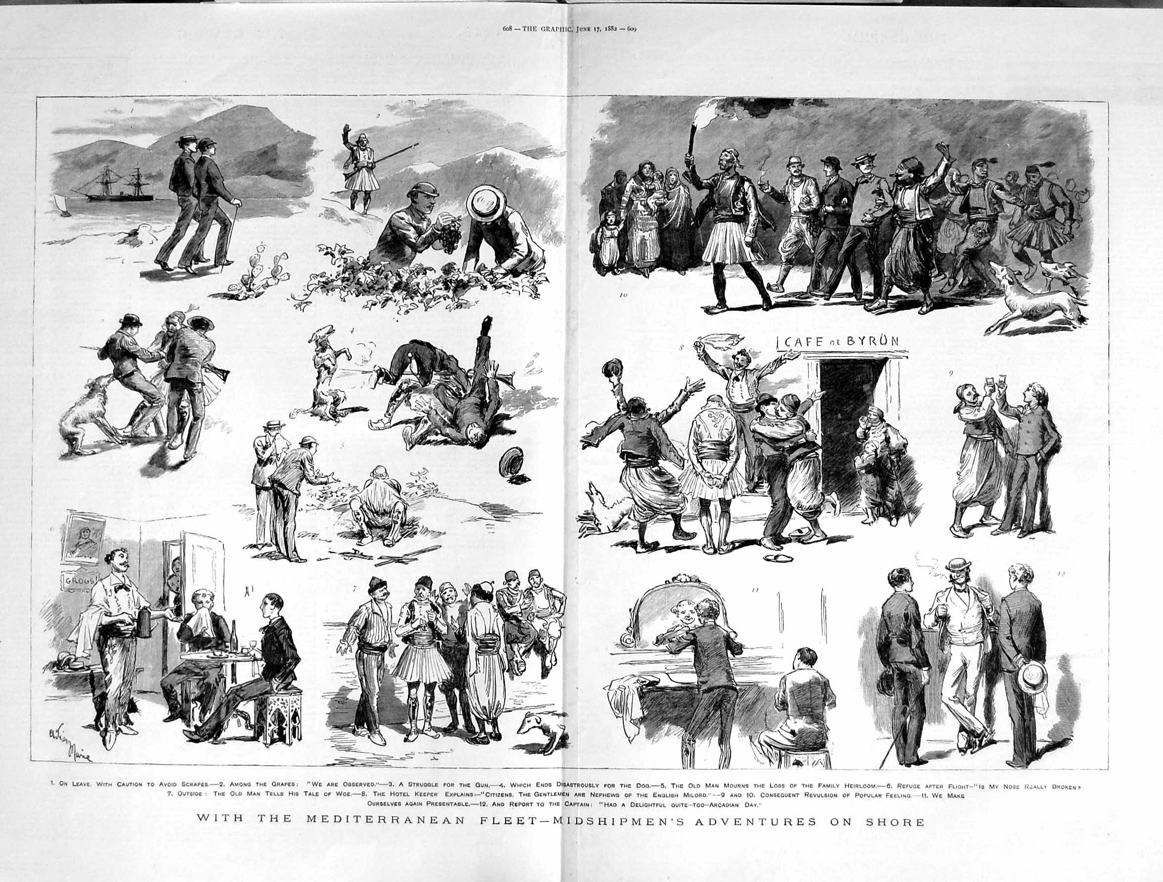 Original Old Antique Print 1882 Mediterranean Ship Midshipmen Natives Sailors