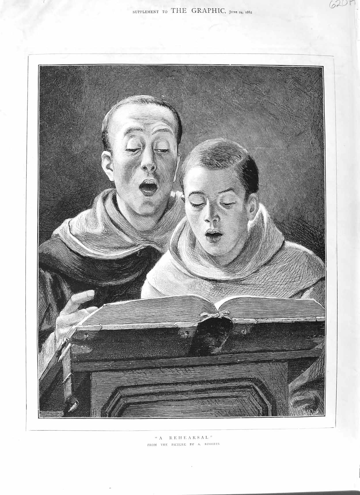 Original Old Antique Print 1882 Choir Boys Rehearsal Singing Book Fine Art