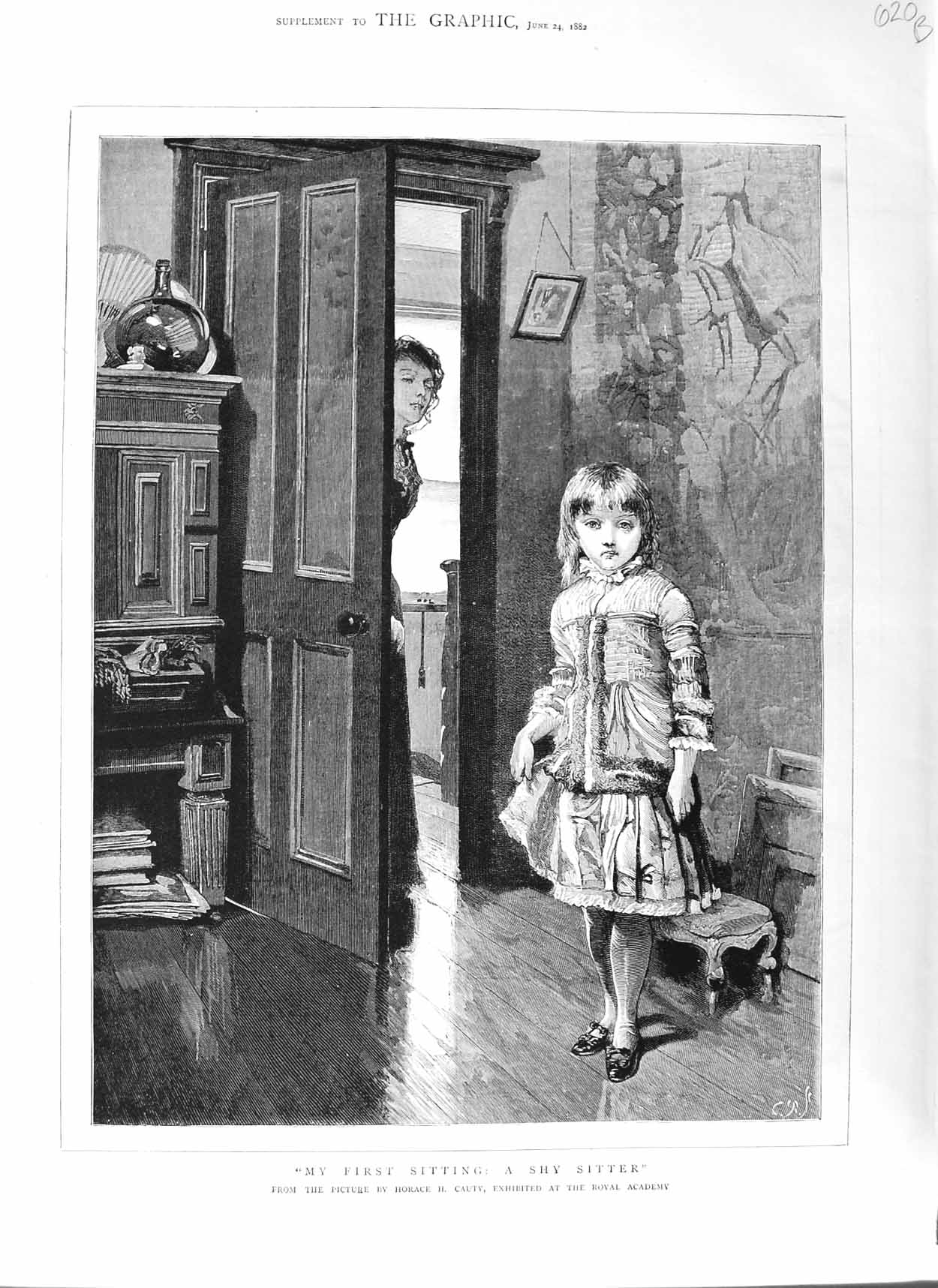 Antique Old Print 1882 Little Girl Babysitter House Horace Cauty Fine Art 19th