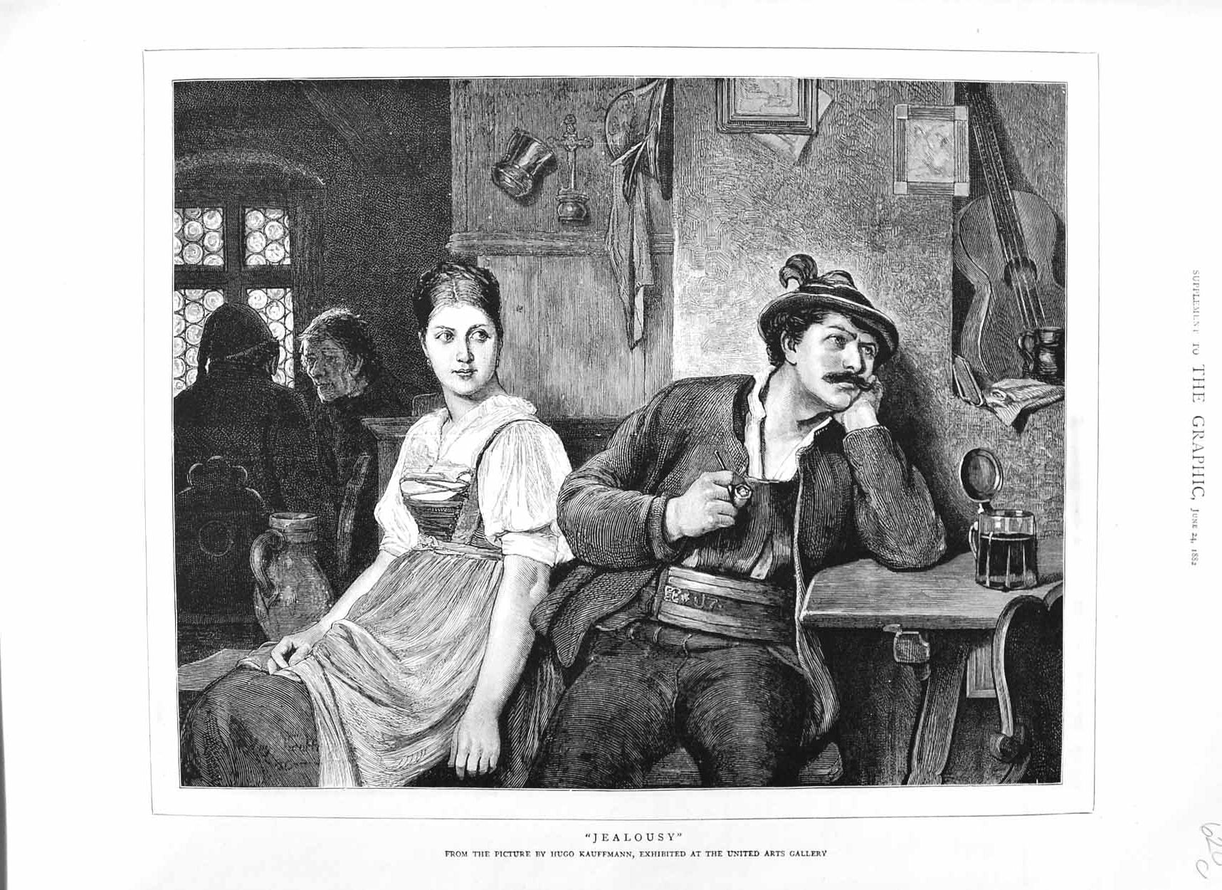 Original Old Antique Print 1882 Kauffmann Fine Art Man Pipe Woman Drink Table
