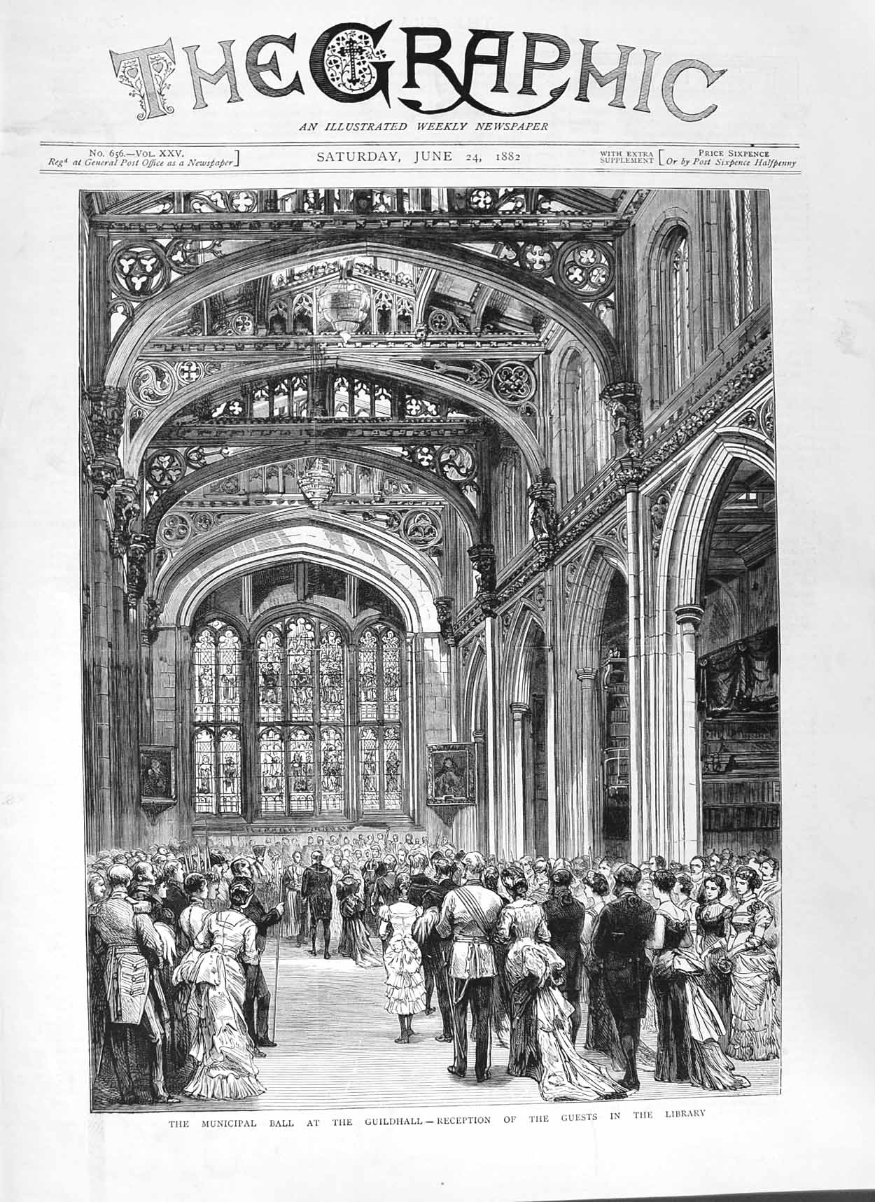 Original Old Antique Print 1882 Municipal Ball Guildhall Reception Library 19th